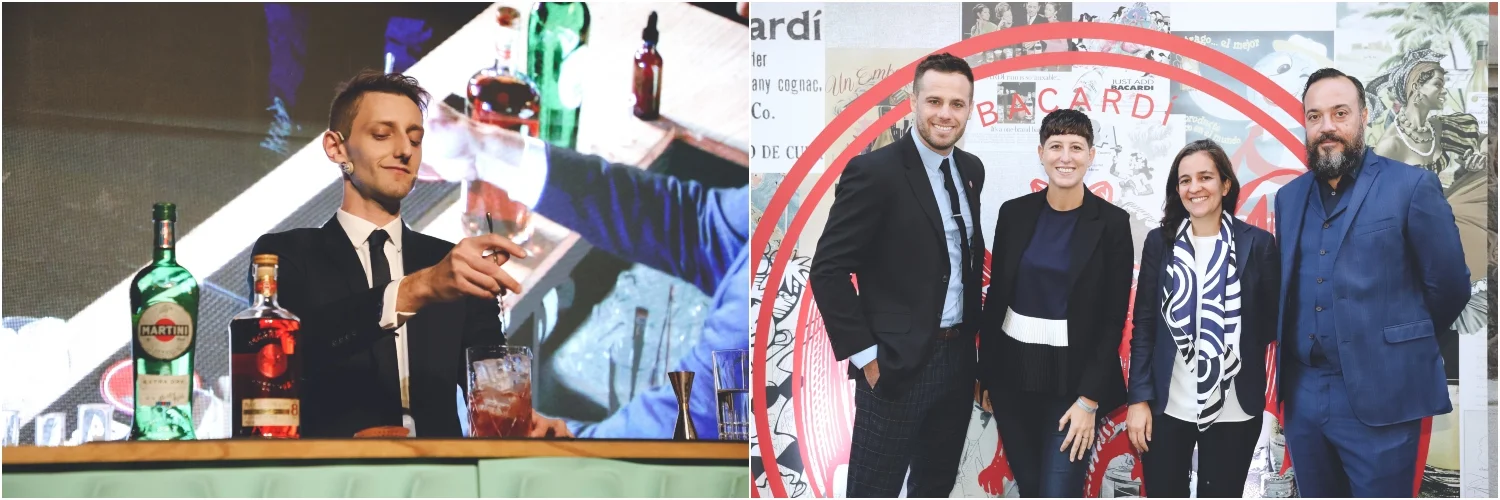 Santiago Elkin con su cocktail ganador (izq). El jurado: Gustavo Vocke, Inés de los Santos, María Barrutia y Tato Giovannoni (der).