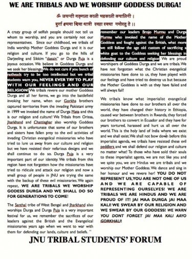 JNU Tribal Student’s Forum has repeatedly protest against using Santhal name to malign Ma Durga, but the disinformation campaign continues. Source: Indiafacts