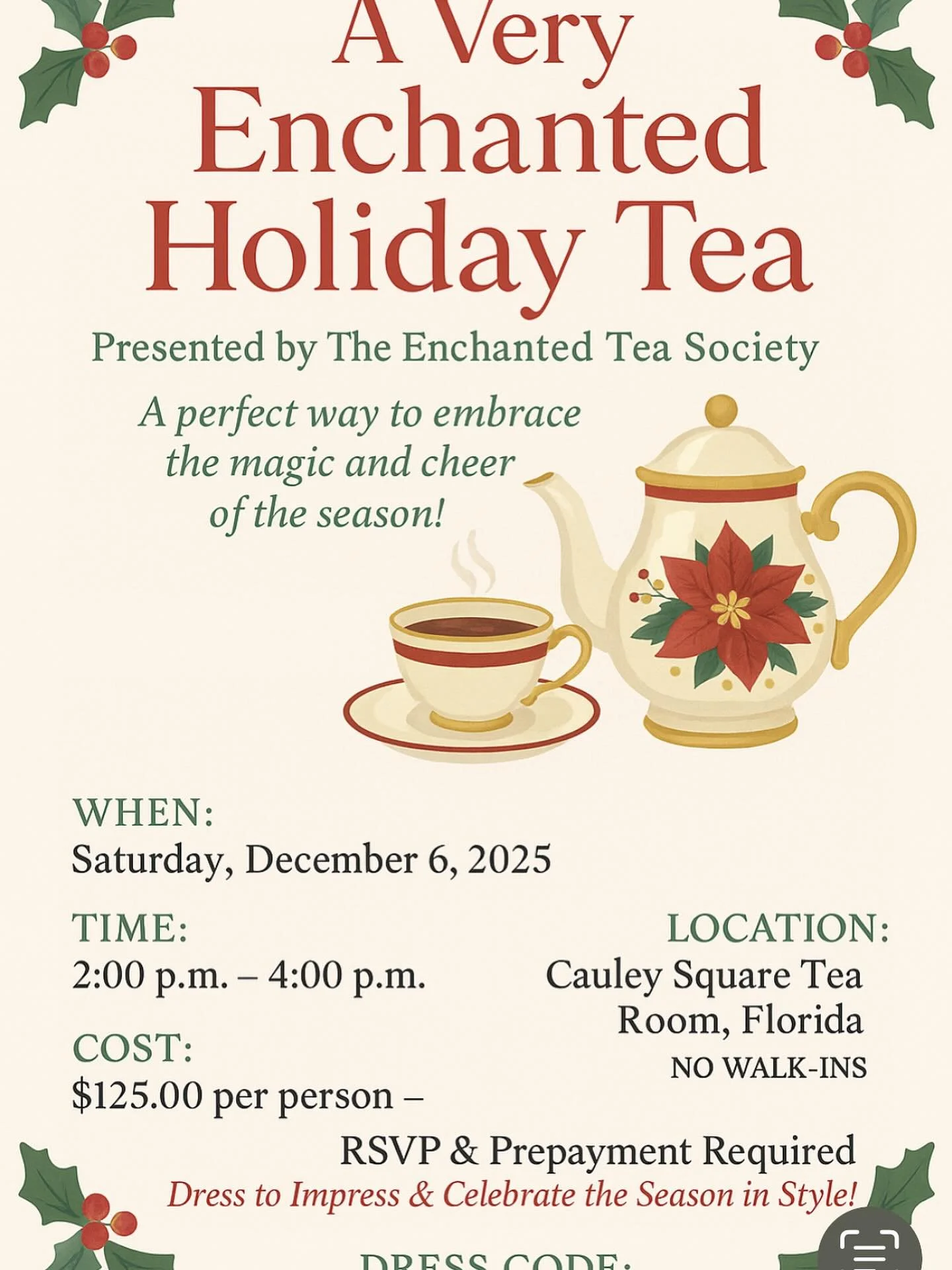 Seating is limited ! Don&rsquo;t miss this heartwarming ✨MAGICAL ✨ Christmas Celebration TEA TIME 🫖 event of the year! DM for details or sign up on MeetUp.com - Enchanted Tea Society 🎄🎅🏼🫖