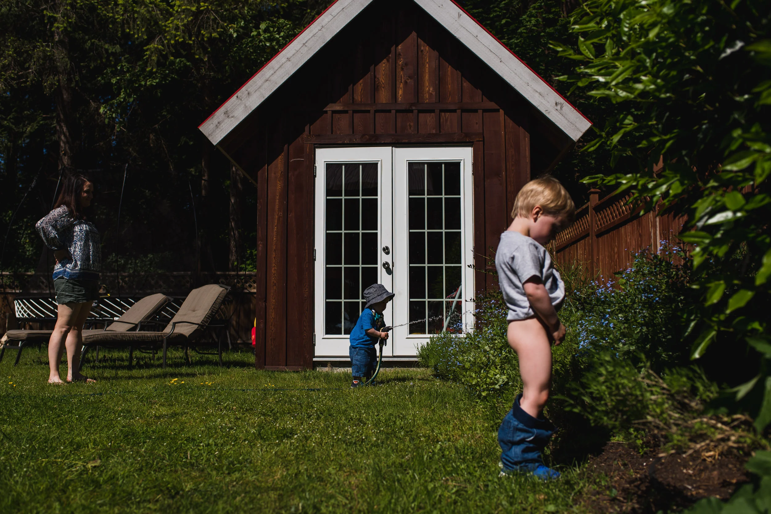 Day in the life families. Boy peeing into the garden bed in the backyard while his little brother waters the plants with the garden hose.