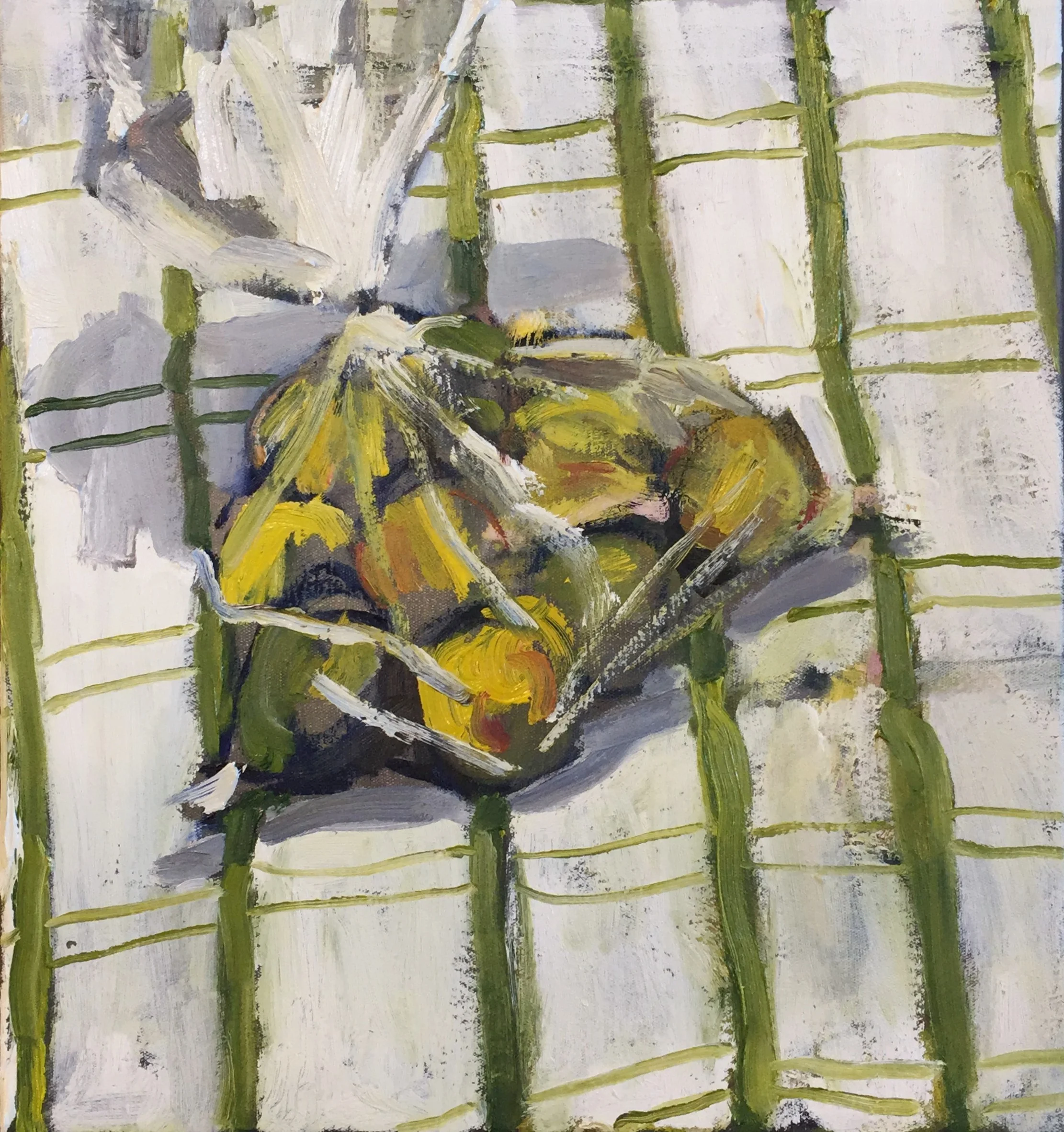 kitchen composition (bagged limes), 2018, oil on canvas, 38 x 36cm
