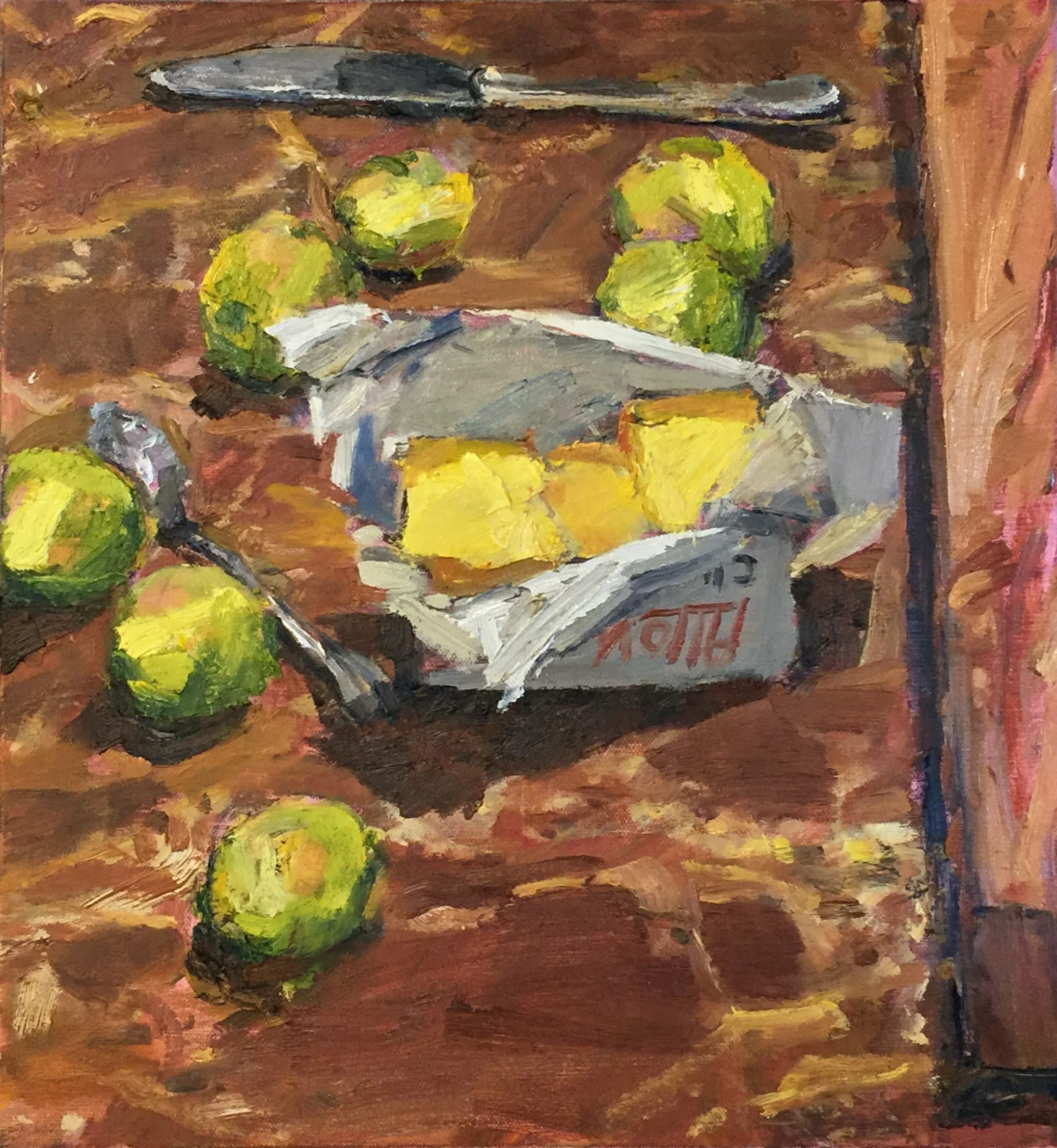 kitchen composition (butter and limes), 2018, oil on canvas, 38 x 36cm