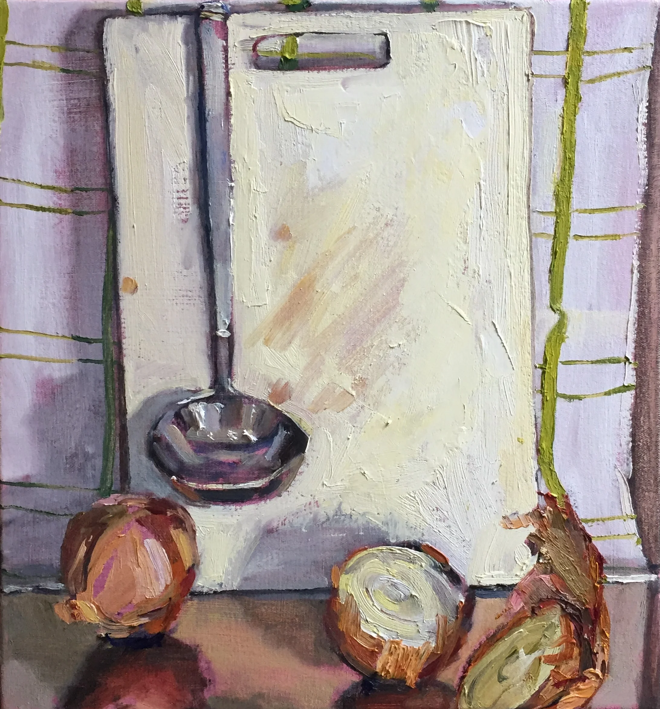 kitchen composition (onions and ladle), 2018, oil on canvas, 38 x 36cm