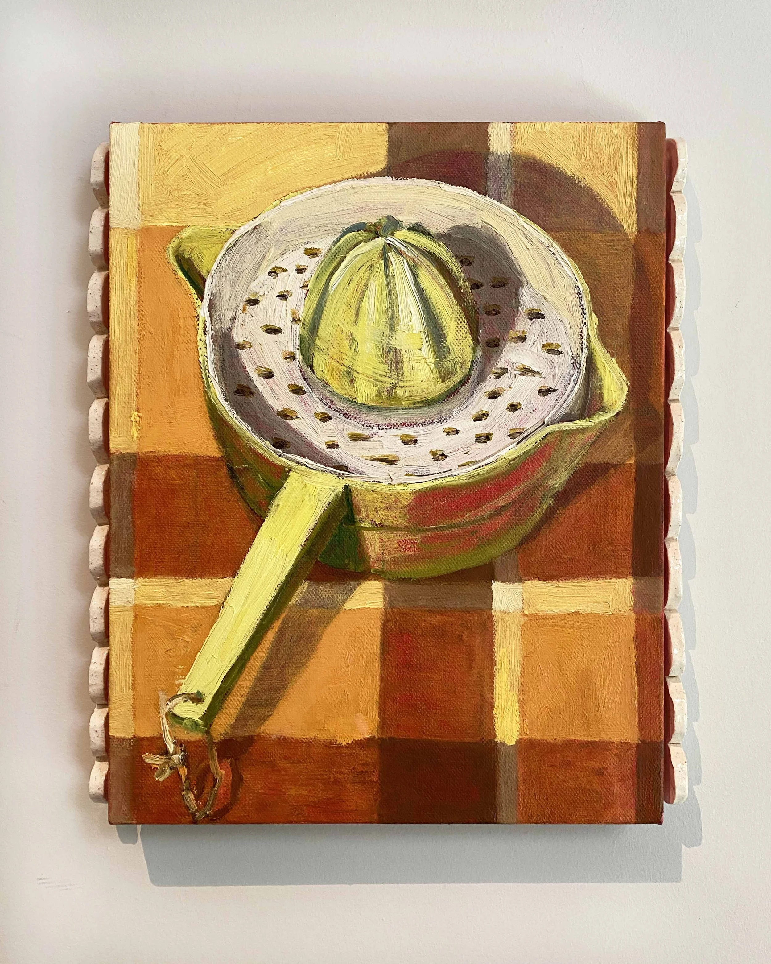 Juicer 1.2, 2023, oil on linen with stoneware frame, 38.5x34cm 