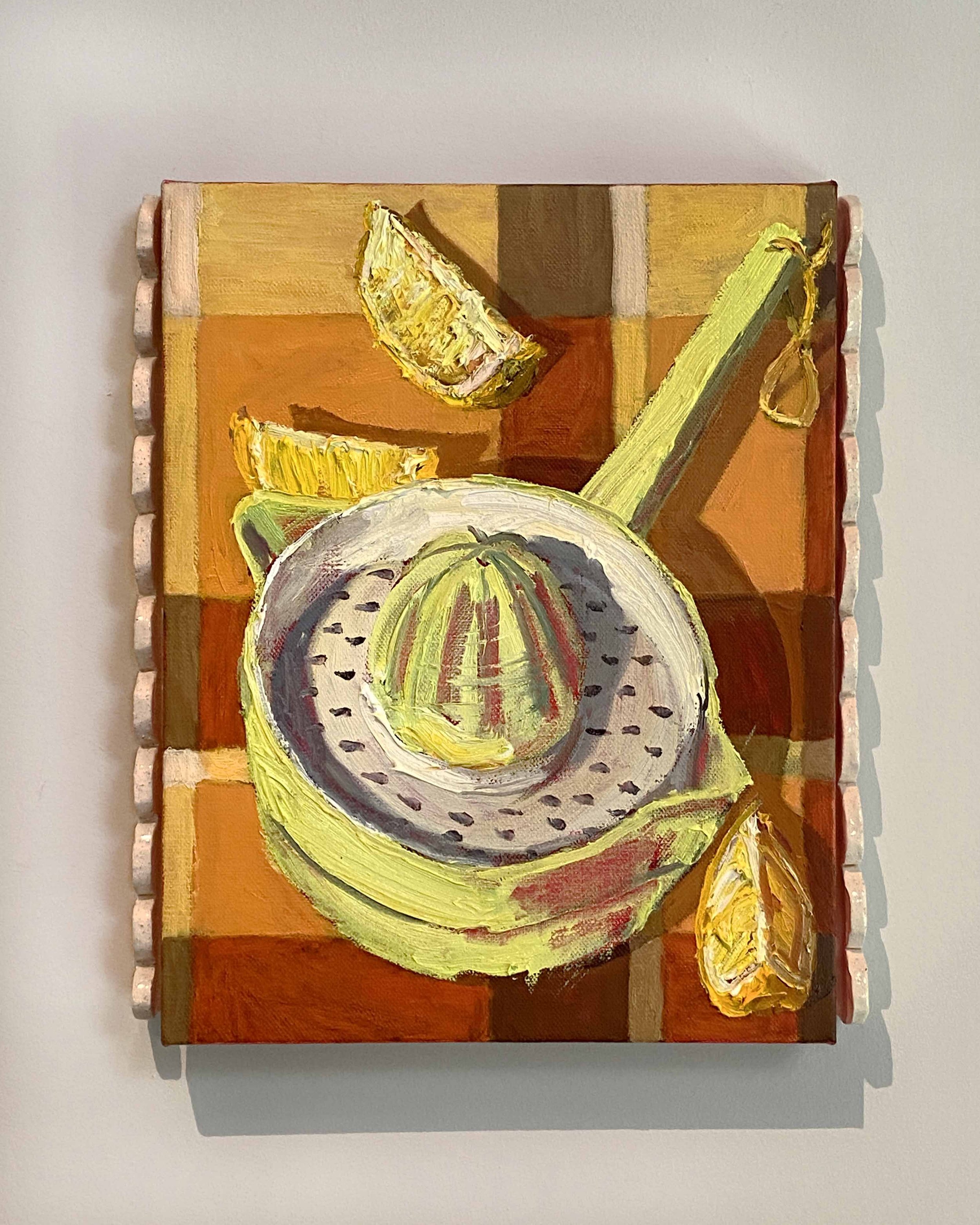  Juicer 1.3, 2023, oil on linen with stoneware frame, 38.5x34cm 