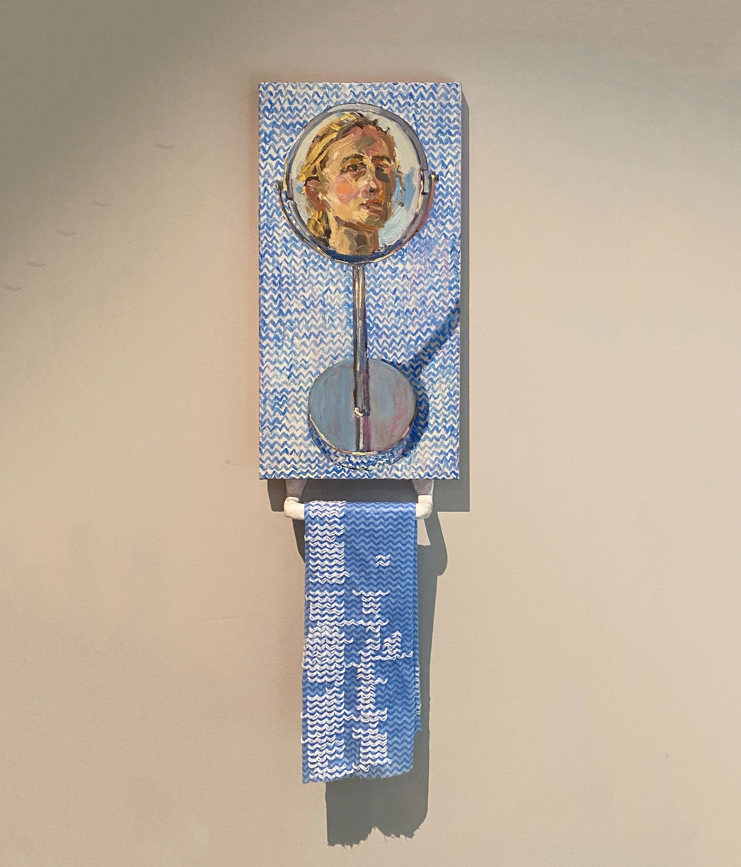 Self Portrait with Chux, 2025, oil on linen, stonewear, Chux and embroidery thread, 77 x 25.5cm
