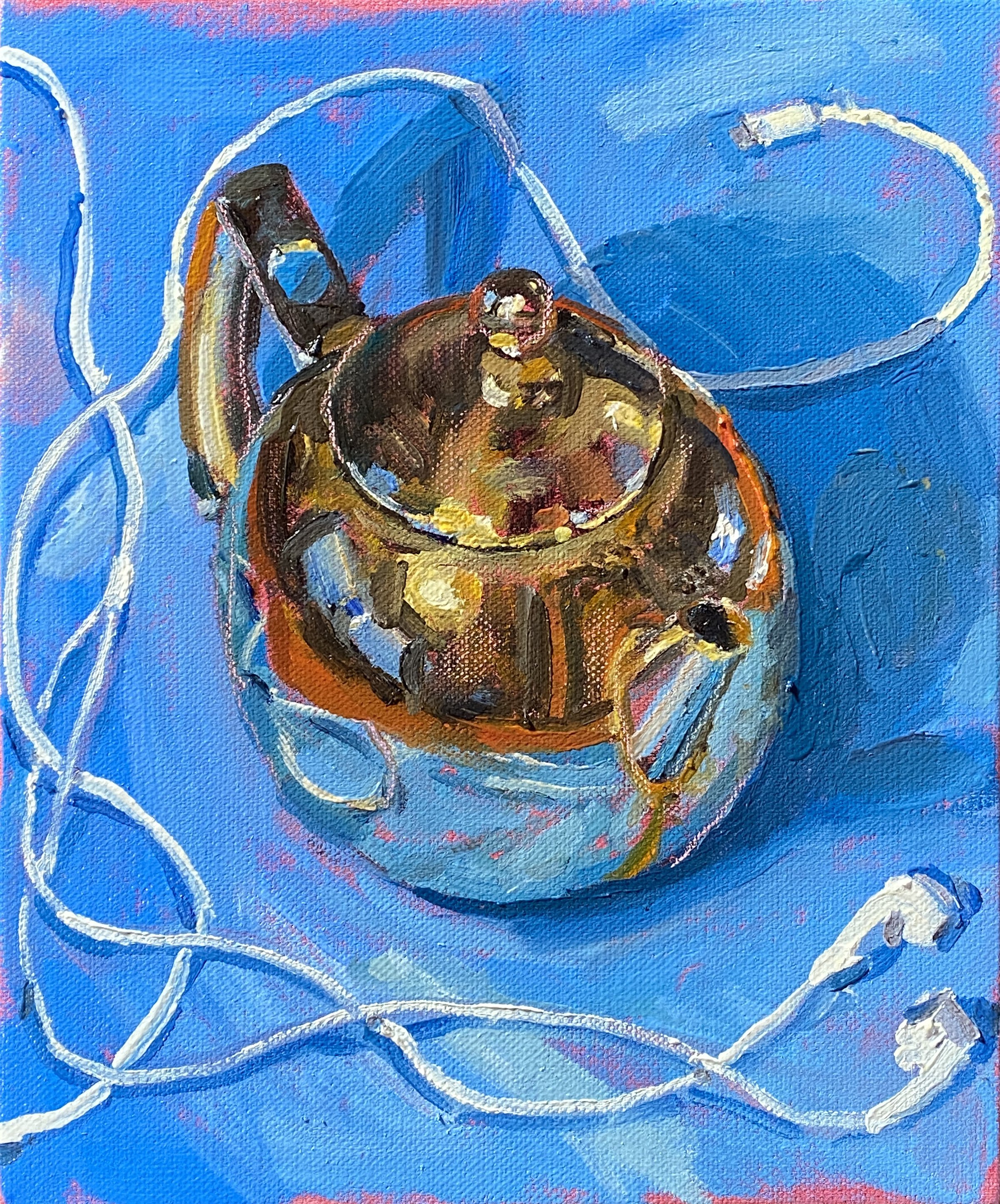  Teapot (earphones and blue), 2026, Oil on linen, 31 x 26cm 