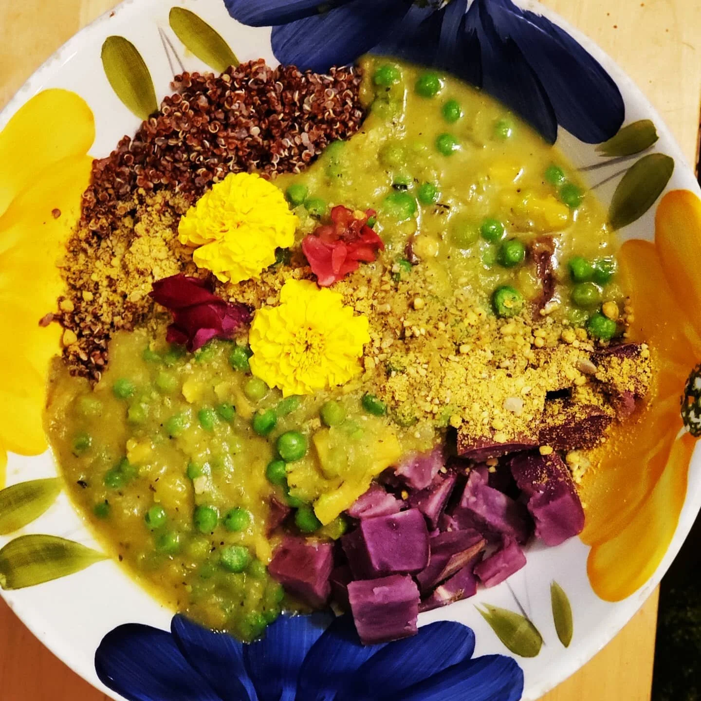 Rutabaga and sweet pea soup. Over red quinoa (&amp;purple potatoes for the food goblins). Raw parmesan, edible flowers.

Be on the look out for a menu this fall for delivered comfort!

#plantbased #eattherainbow #atx #delivery