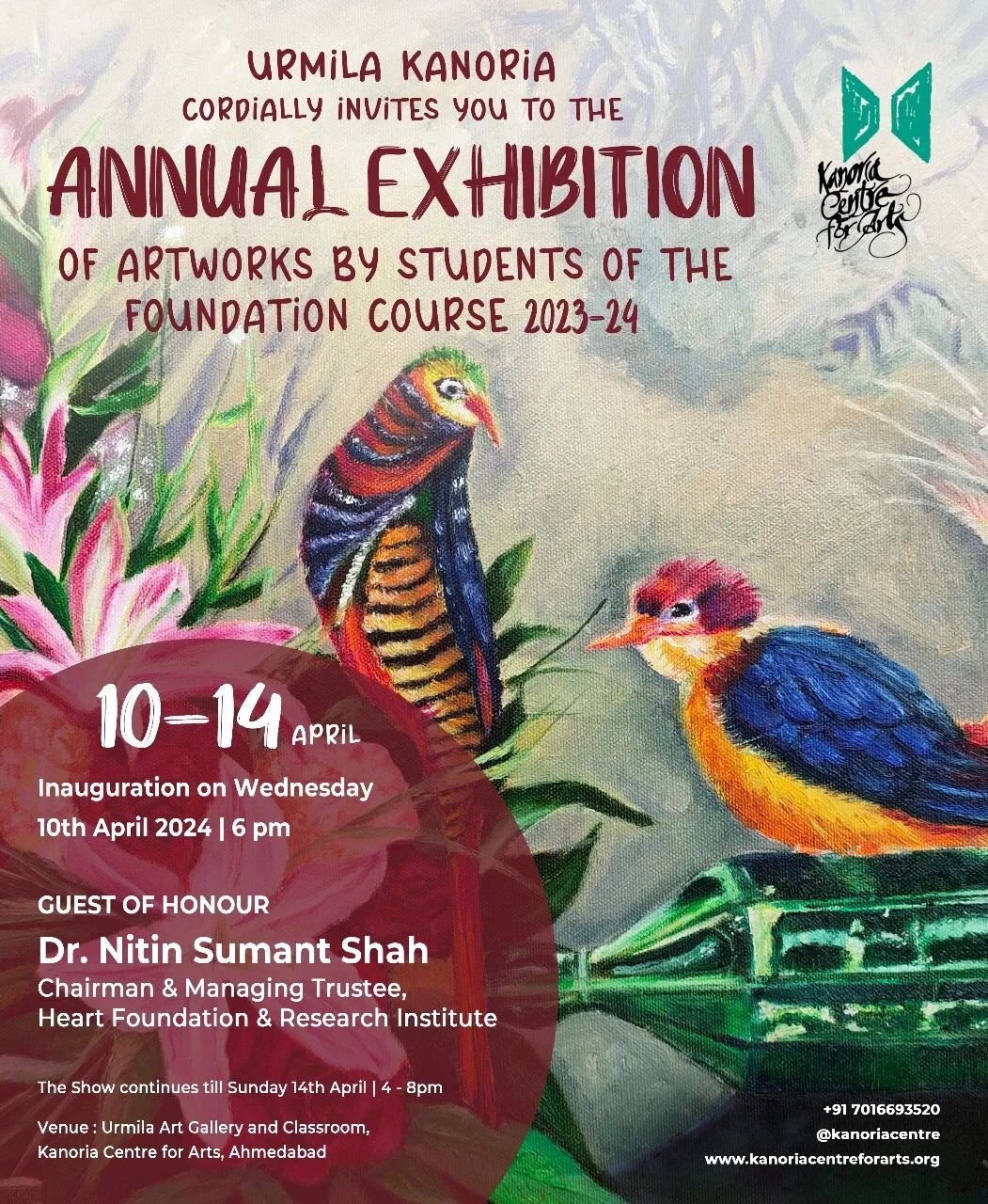 The Annual Exhibition of Artworks by Students of the Foundation Course 2024 is here!

Urmila Kanoria cordially invites you to come to the Kanoria Centre for Arts and indulge in a visual feast at the exhibition! 🎨
~

Inauguration on 10th April 2024 |