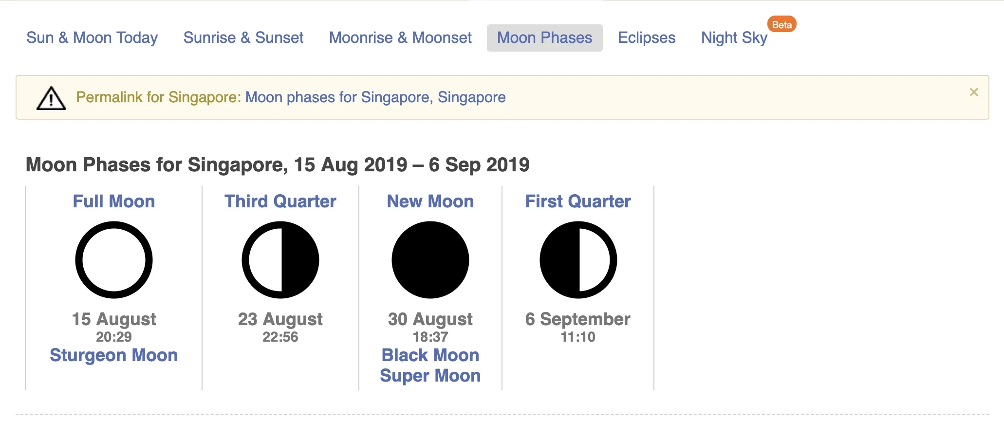 The lunar calendar shows the moon phases and the dates. In this instance, 30 August 2019 would be best to see the stars as it is a new moon.