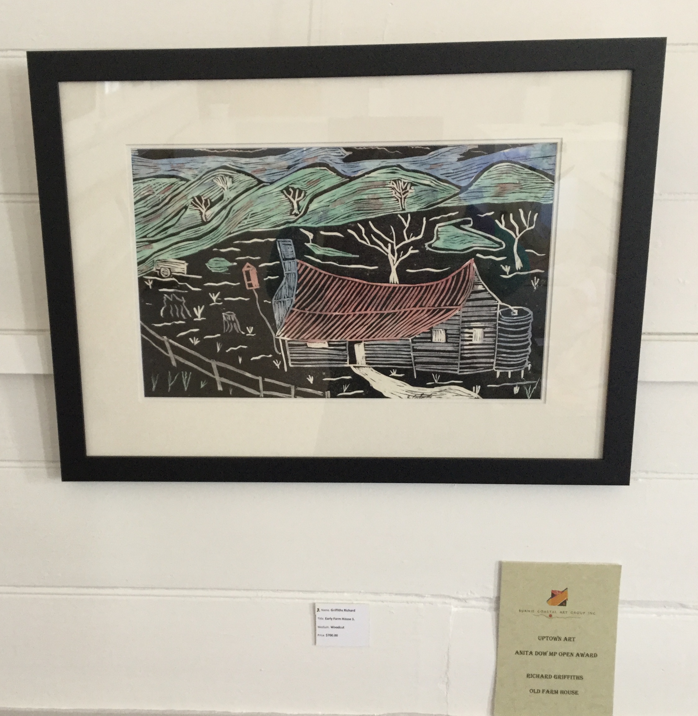 Anita Dow Award winning painting Old Farm House a wood block print by Richard Griffiths
