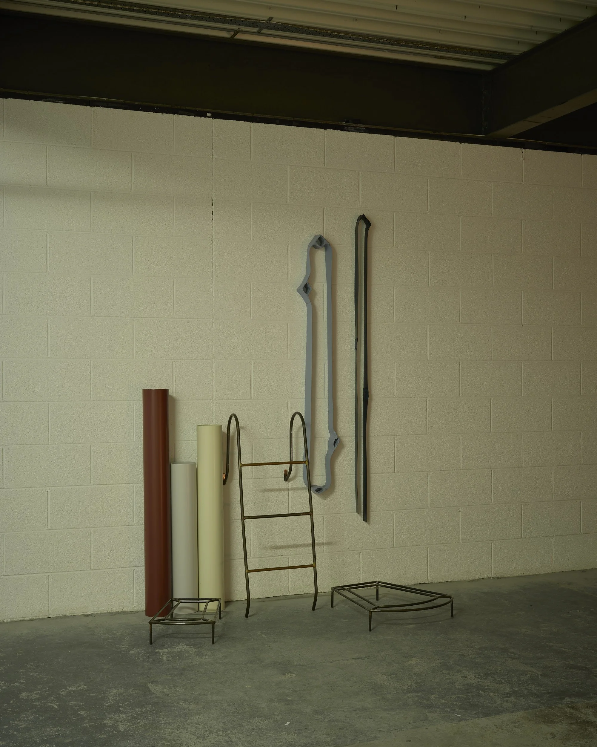   Aleana Egan ,  a social edge , 2015. Laquered steel and copper, powder coated steel pipes, card, tape, filler, paint, varnish, 220 x 140 x 86 cm. Installation view, Interface, Inagh. Courtesy of the artist and Konrad Fischer Galerie. Photograph by 