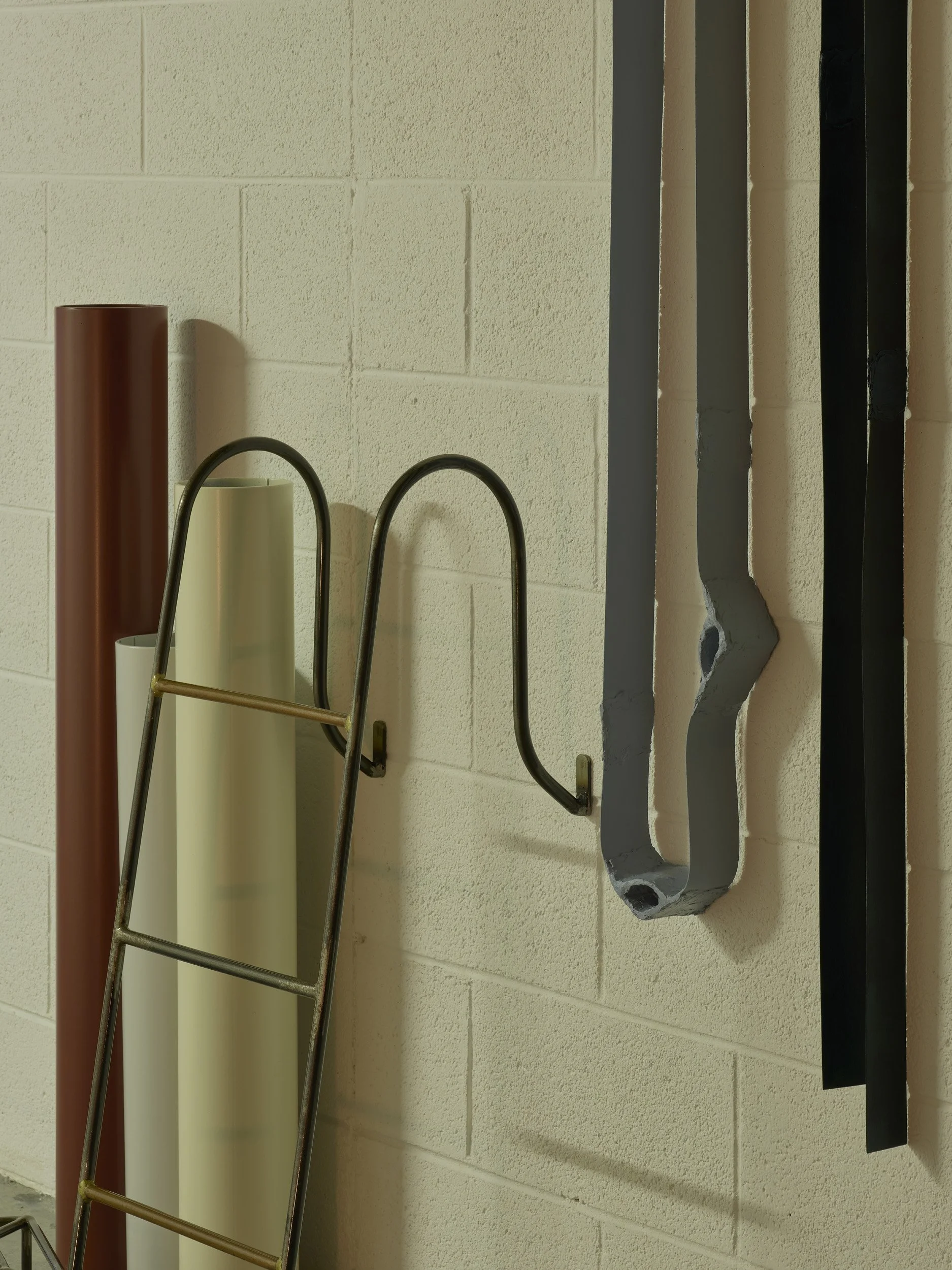   Aleana Egan ,  a social edge , 2015 (detail). Laquered steel and copper, powder coated steel pipes, card, tape, filler, paint, varnish, 220 x 140 x 86 cm. Installation view, Interface, Inagh. Courtesy of the artist and Konrad Fischer Galerie. Photo