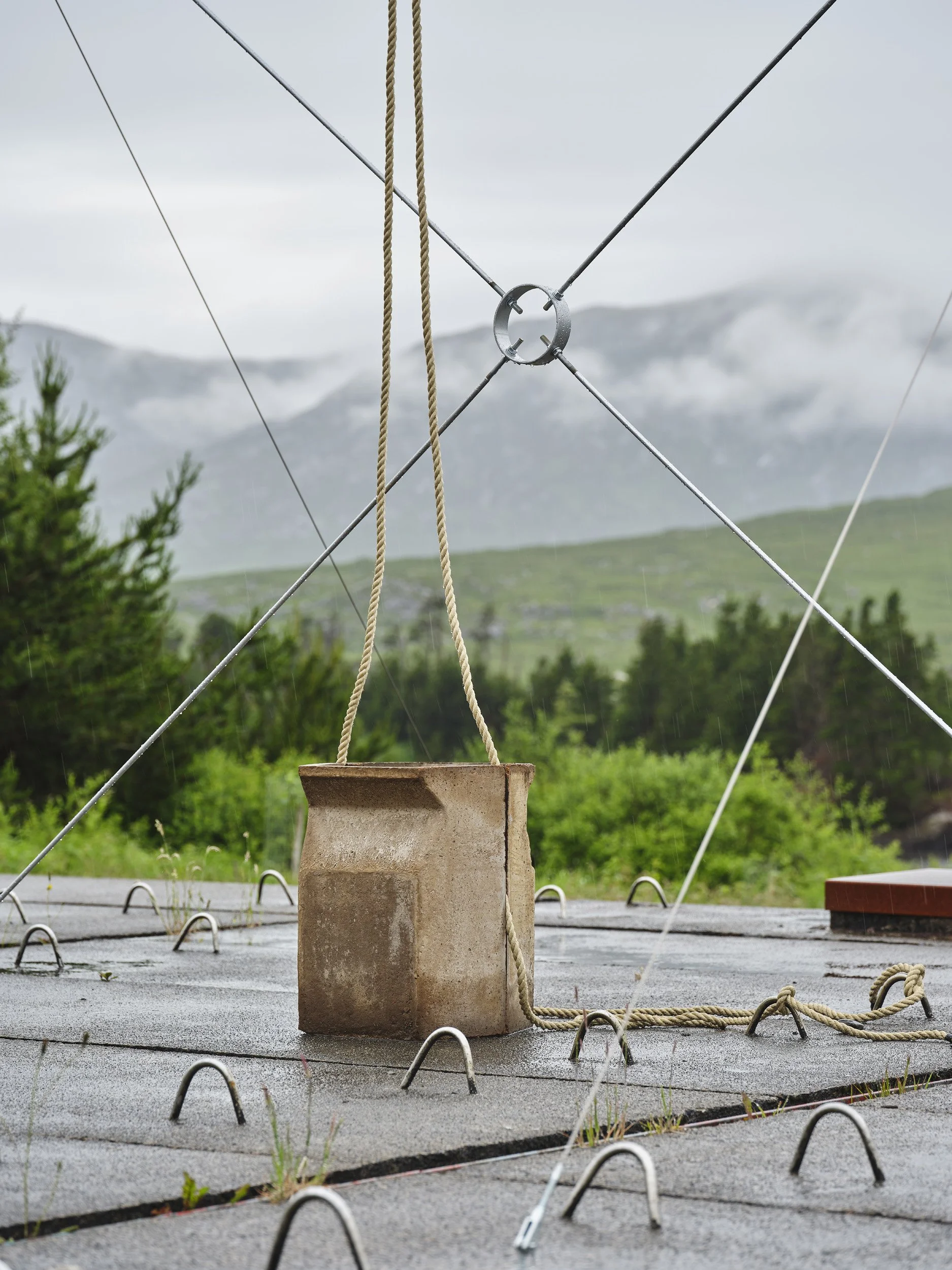   Aleana Egan ,  earlier things , 2026 (detail). Galvanised steel, hemp rope, fire backs, 300 x 1070 x 510 cm. Installation view, Interface, Inagh. Courtesy of the artist and Kerlin Gallery. Photograph by Ros Kavanagh. 