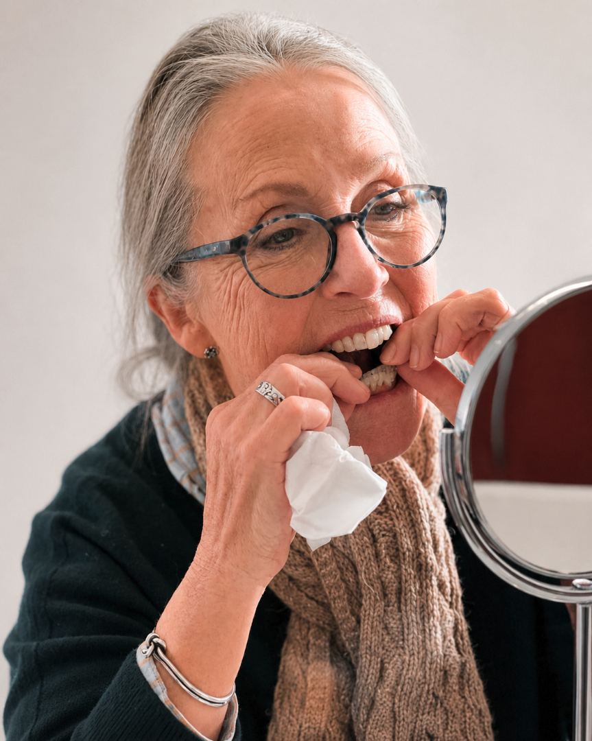 Woman removing Invisalign clear aligners while looking in a mirror