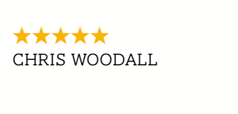 Five gold stars above the name Chris Woodall in black text.