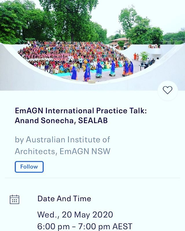 A great opportunity to hear talented and award winning  Ahmedabad architect Anand Sonecha talk about his work with Manav Sadhna. Follow the link in bio  to register.  @sealab_