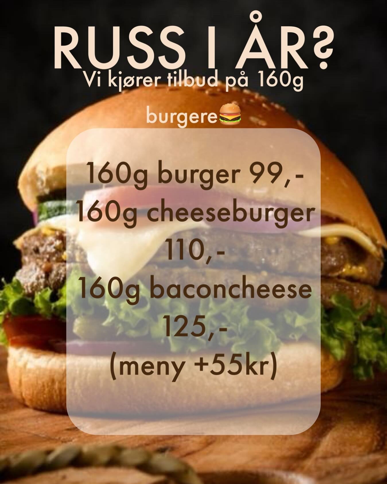 Uten mat og drikke duger helten ikke🍔tilbud p&aring; 160g burger til &aring;rets russ🙌🏼ring oss for &aring; bestille 📲41239000