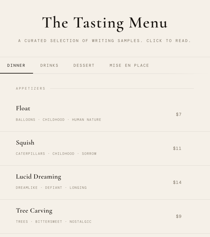 The Tasting Menu (Writing Samples)