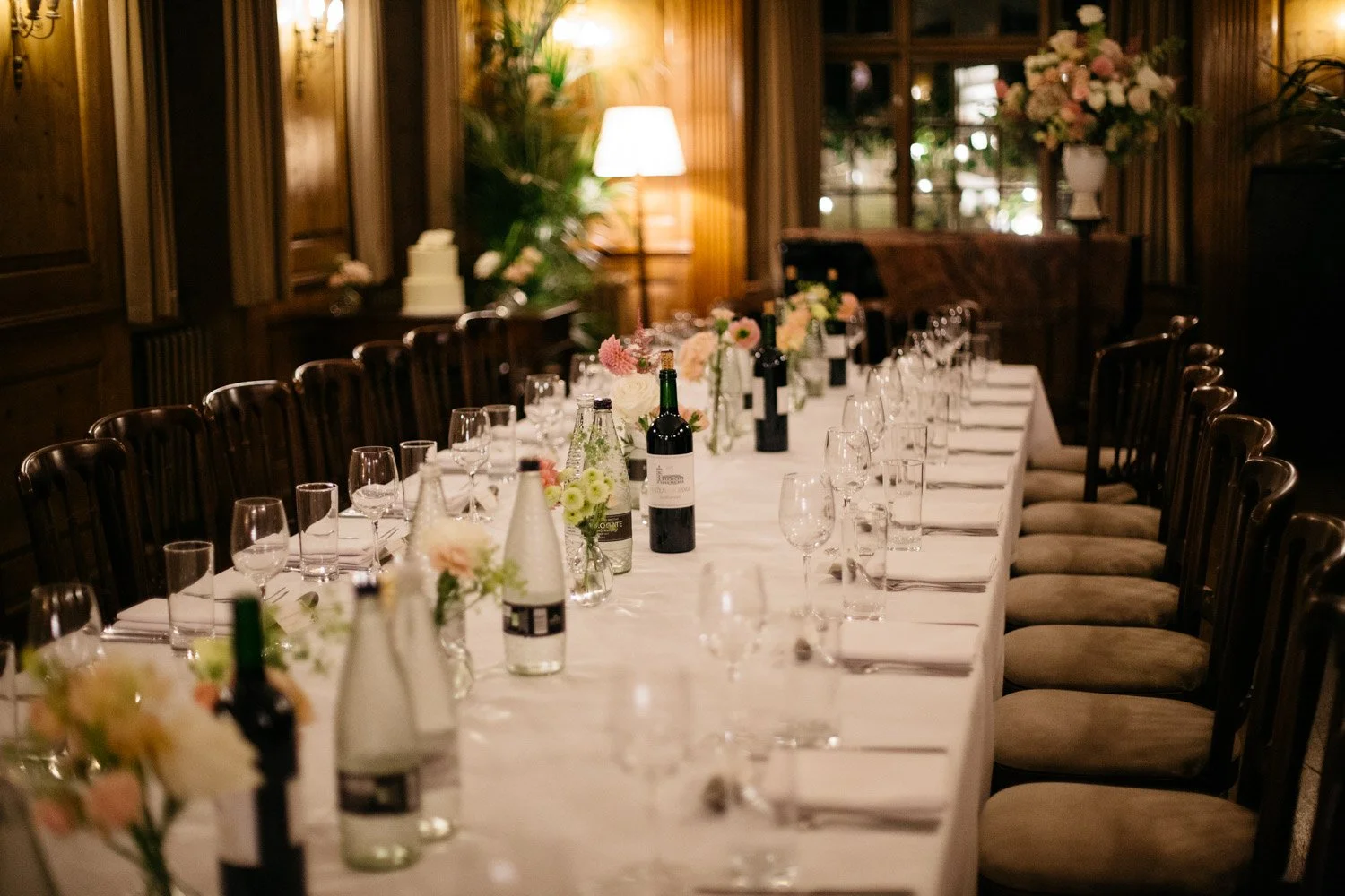 Elegant wedding dinner table set inside Burgh House in Hampstead