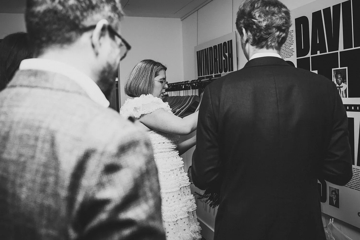 Candid black and white Camden Town Hall wedding photograph