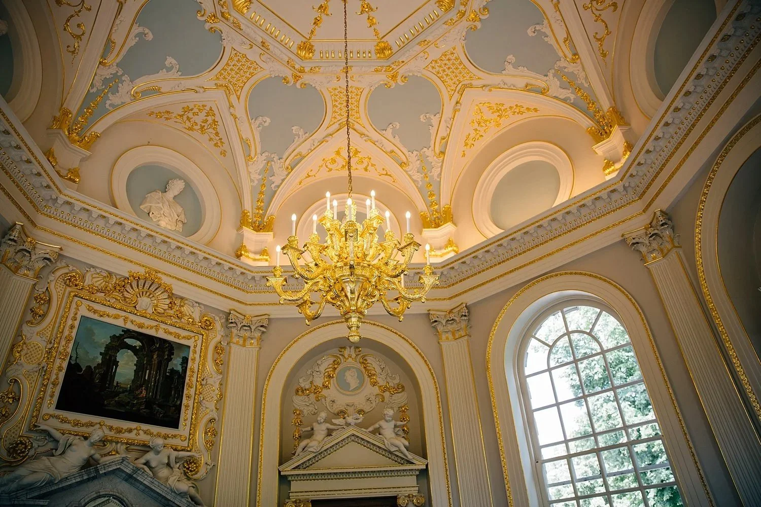 Ornate ceiling and chandelier in the Octagon Room at Orleans House Gallery
