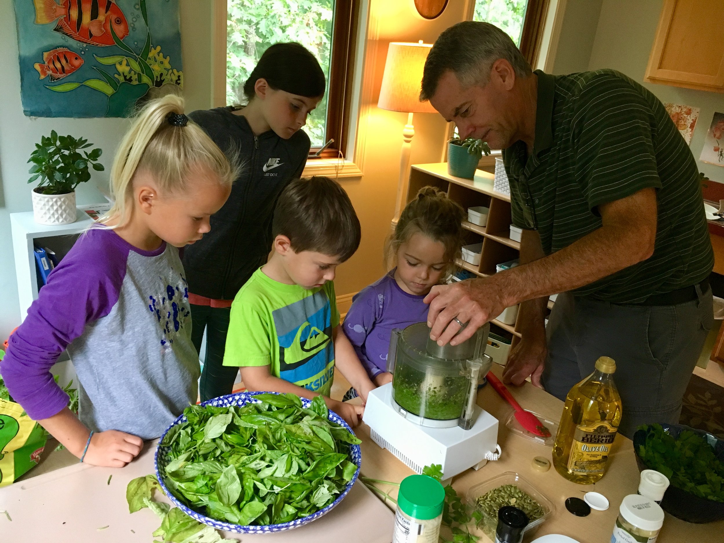  Upper elementary students work with primary students along with Michael to make pesto with basil harvested from our garden.  Pumpkin seeds replaced the nuts to make it nut free.  The smell of basil filled the air! 
