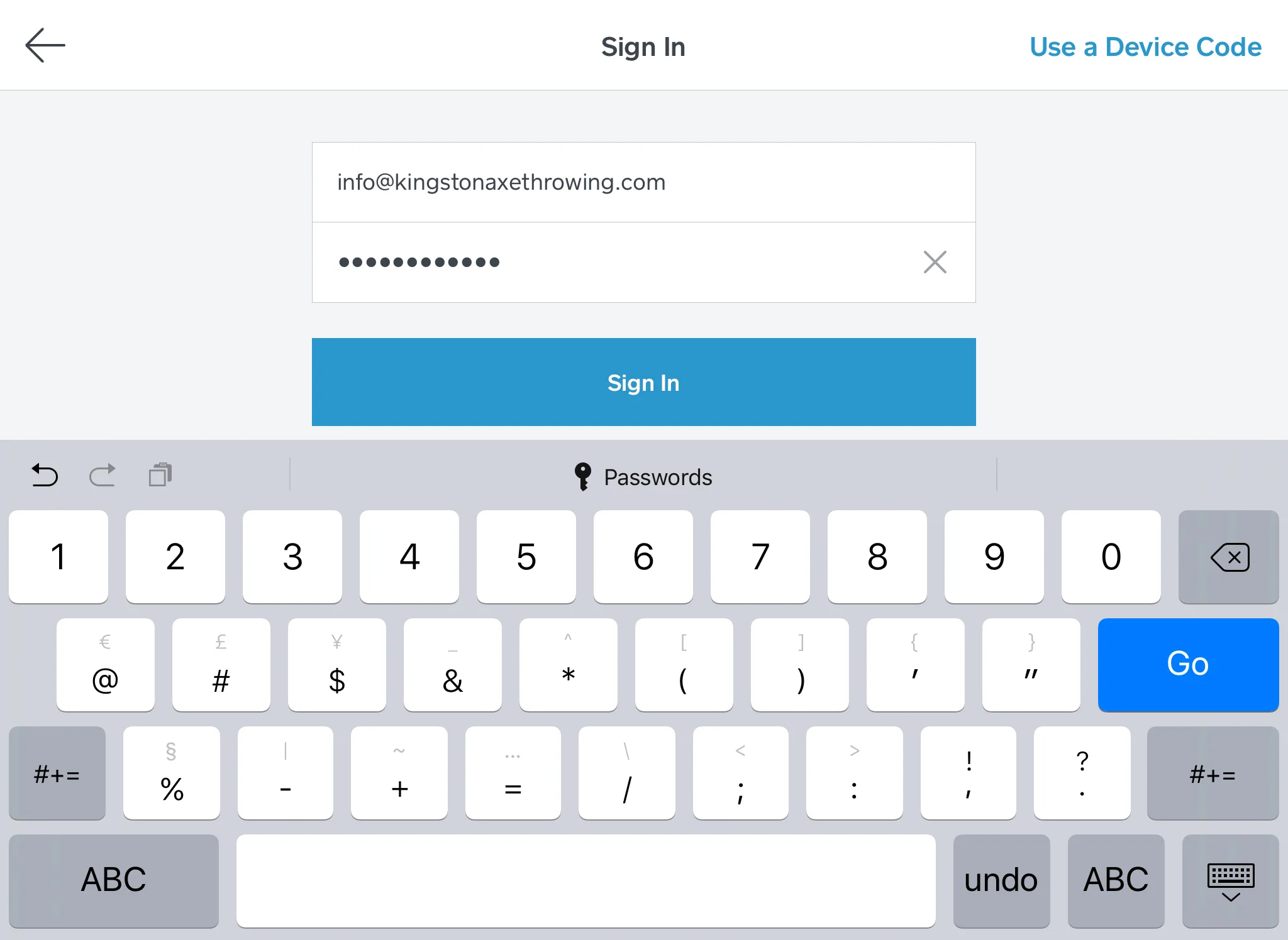 Step 1: Open the Square POS App. To sign in, use the info@kingstonaxethrowing.com email and password.
