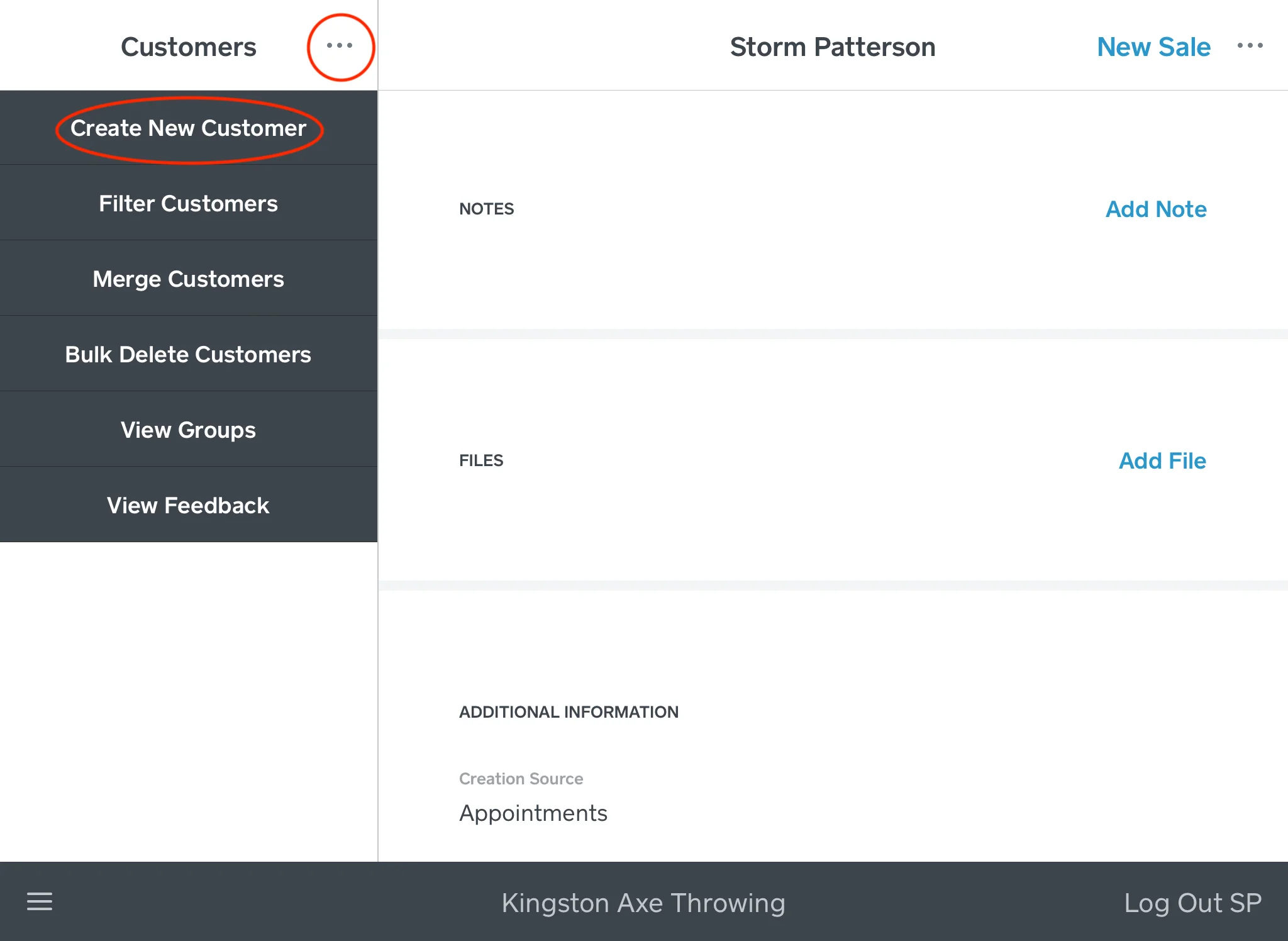 Step 3: If you want to create a new customer profile, select the three horizontal dots located beside “Customers” on the top left hand side of the POS. The select “Create New Customer” from the drop down menu.