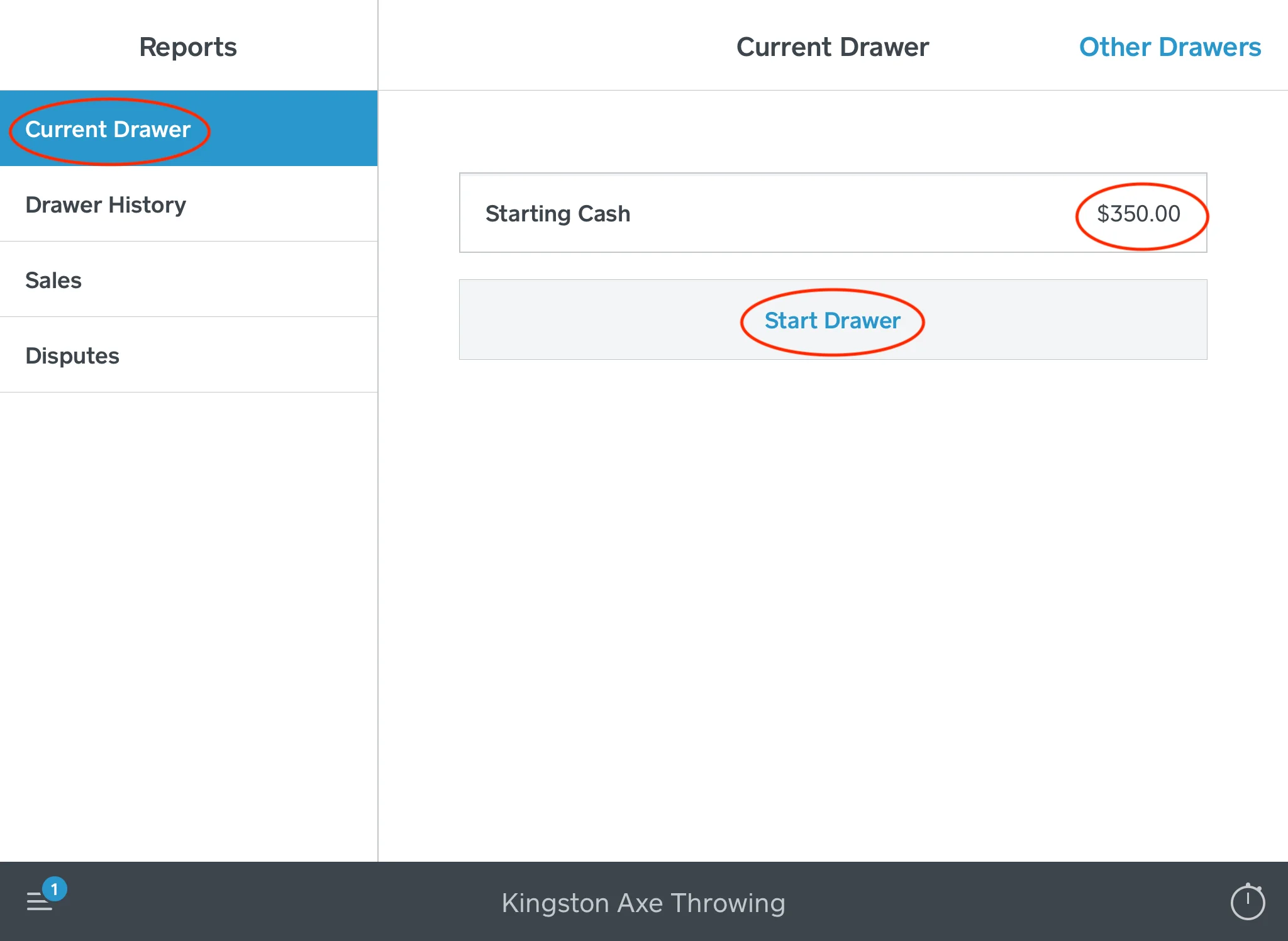 Step 2: Select “Current Drawer” and enter the starting cash amount of $350.00, then select “Start Drawer”.