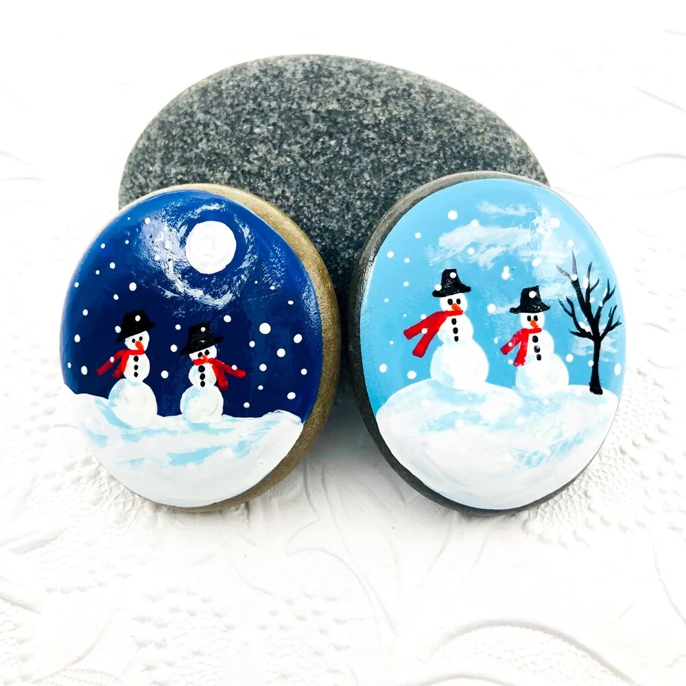 Snowman Painted Rock Set Snowman Pebbles Set Of 2 Teacher Gift Snow Scene Christmas Gift Stocking Stuffers Alleluia Rocks