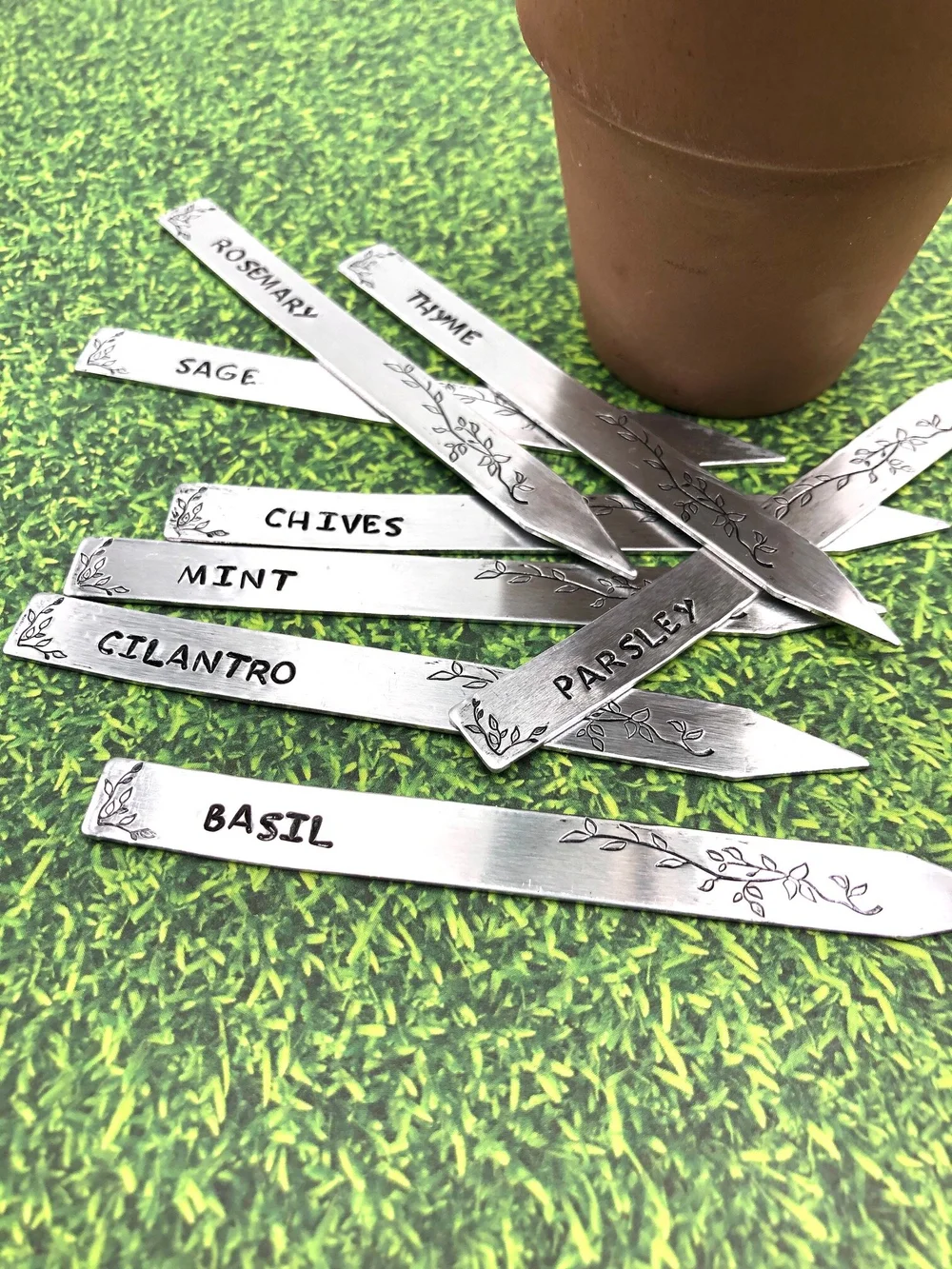 Herb Garden Markers In Hand Stamped Aluminum Gift For Gardener Flower Garden Tags Hand Stamped Metal Garden Markers Garden Club Gift Alleluia Rocks