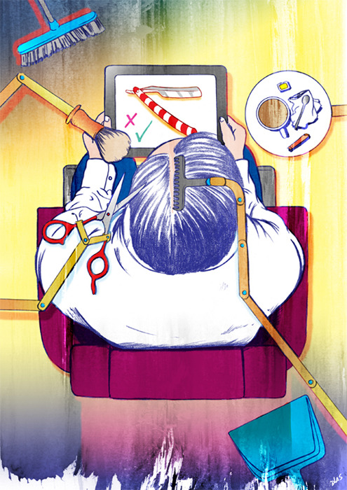 Automated Hair Salons - Men's version (2013) - This highlights ‘Phase Three’ of my style where I ditched the grey and just used brighter colours. The use of blue-purple lines was also the beginning here.
