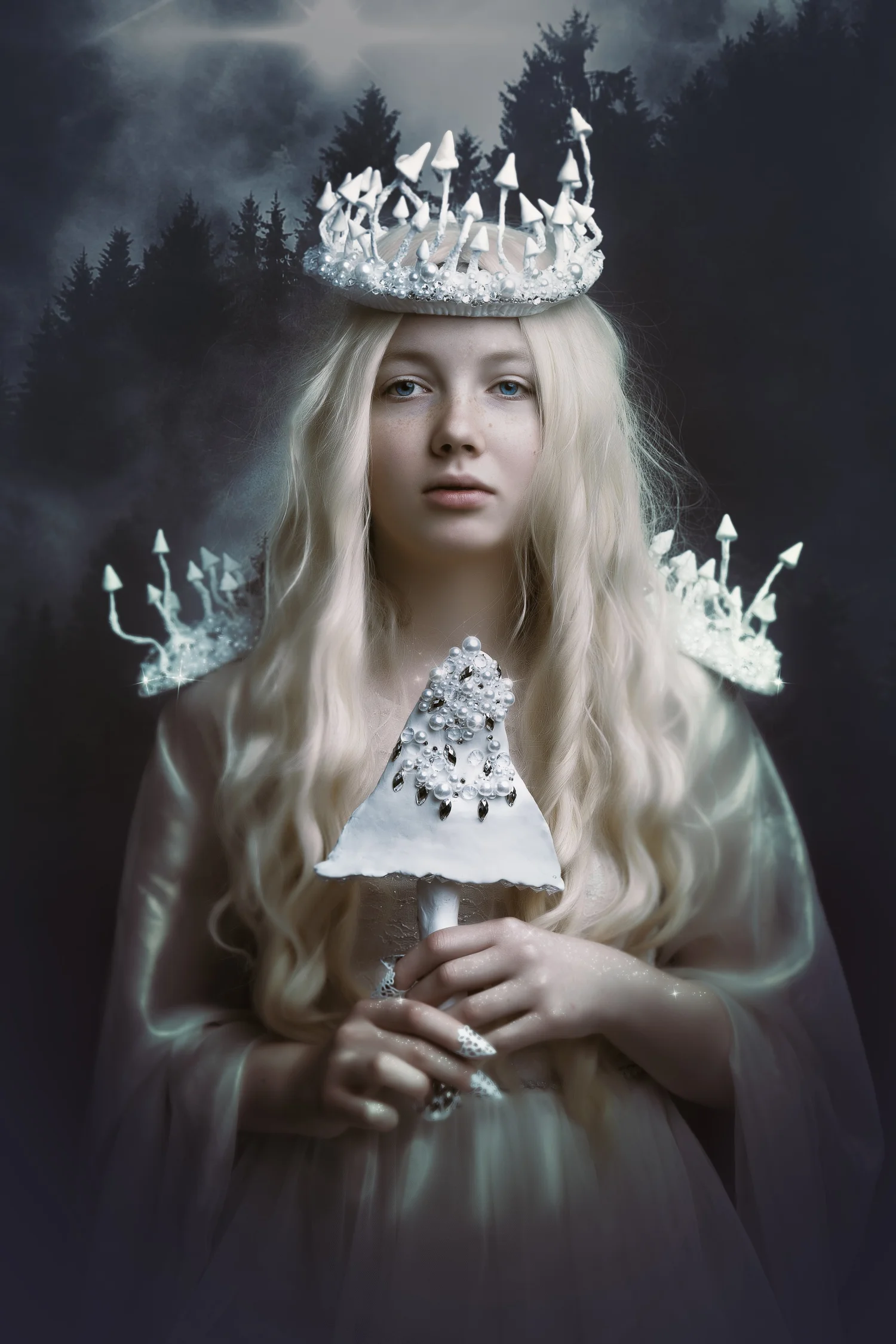 A child wearing a white crown and holding a candle in a painterly fine art portrait