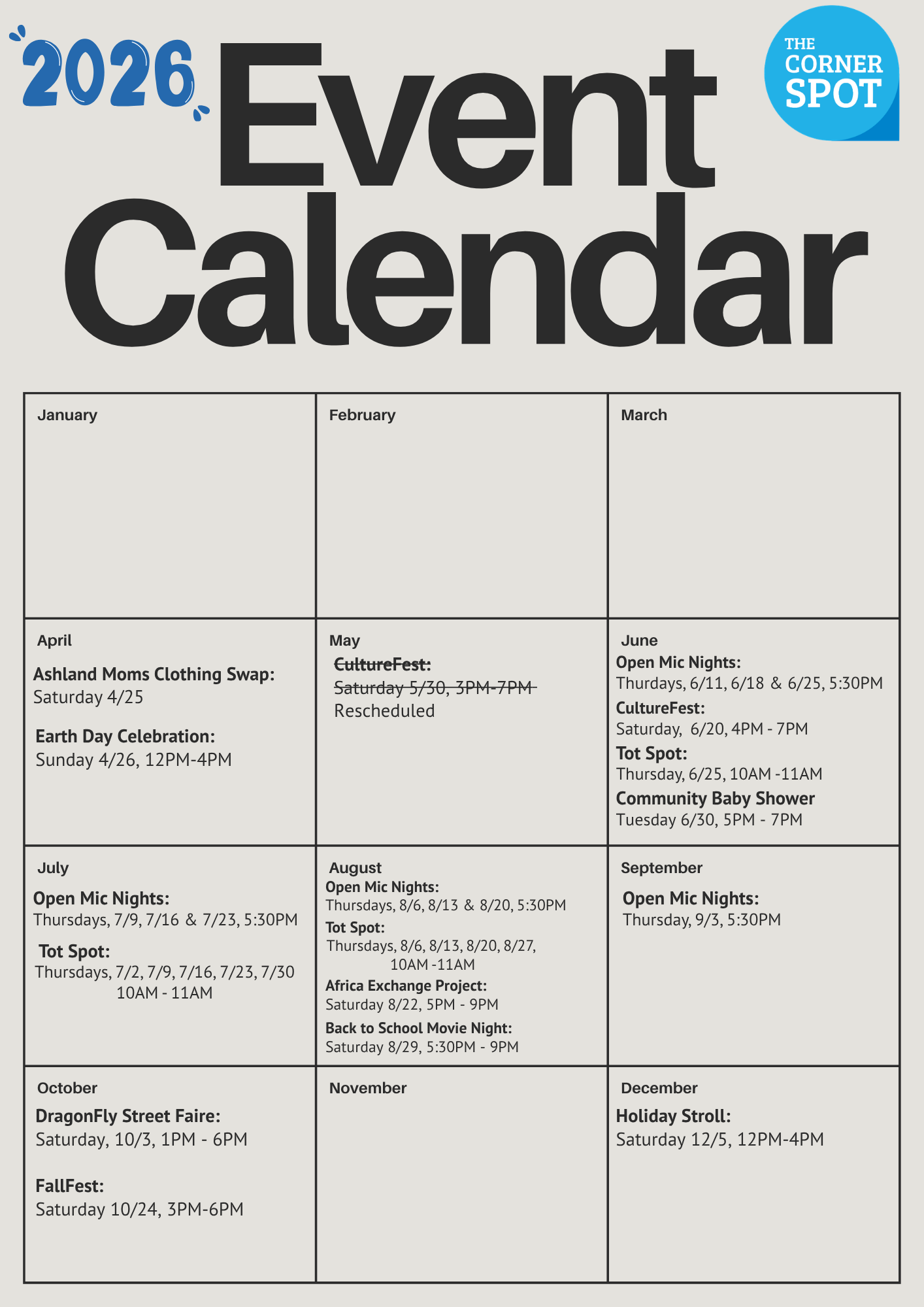 2026 Events Calendar for The Corner Spot. Twelve squares display each month with the events for that month listed