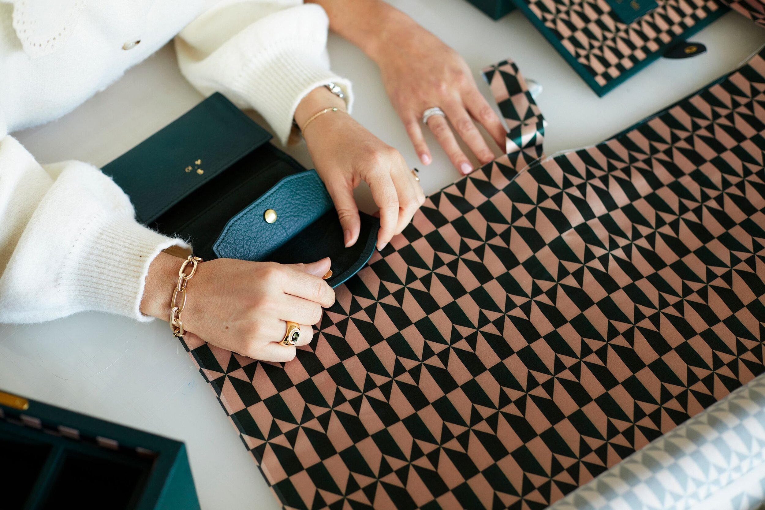 The geometric silk lining and also featuring some of Sophie’s wonderful jewerllery