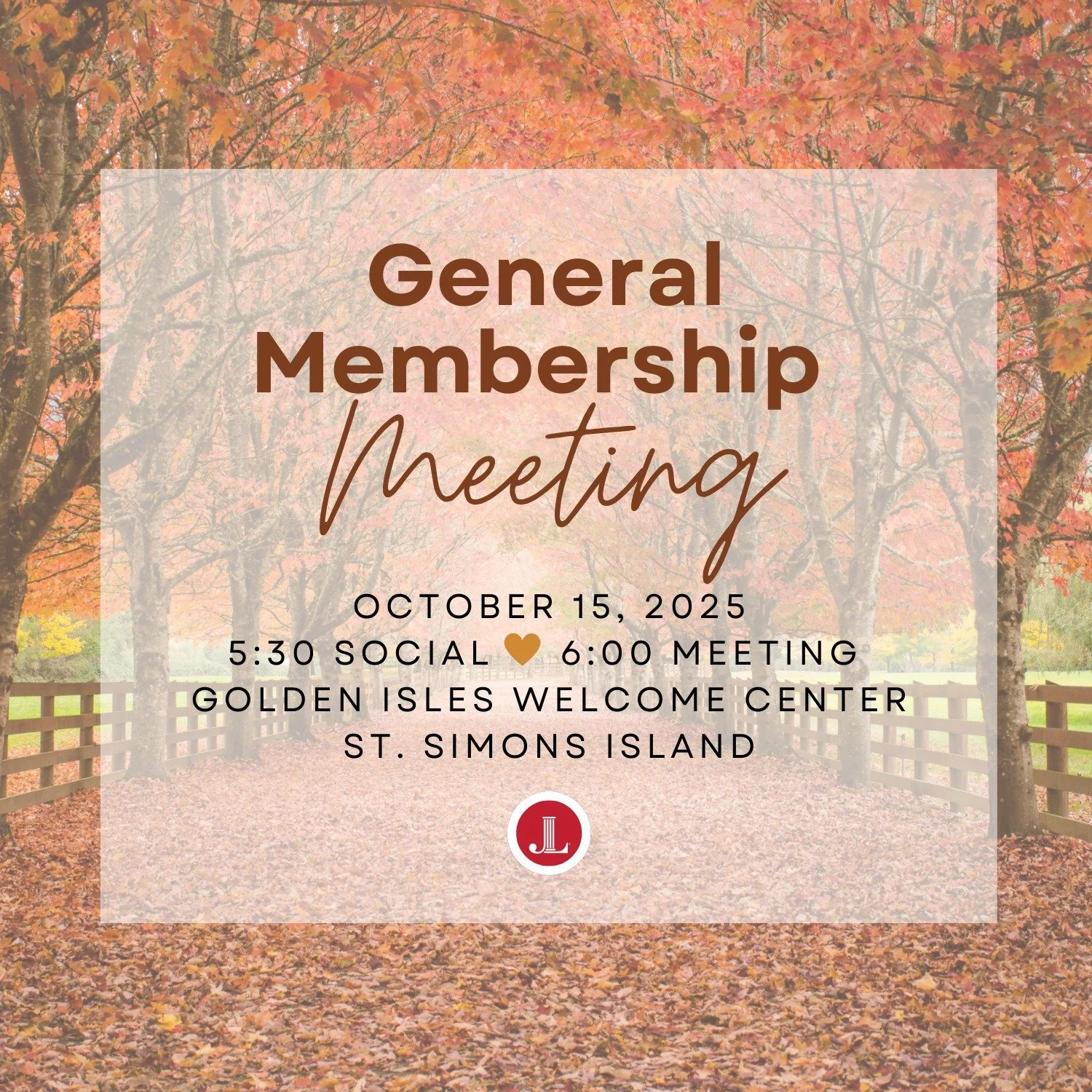 🍂 Mark your calendars! Our next General Membership Meeting is coming up on October 15, 2025 at the Golden Isles Welcome Center.
🕠 5:30 Social | 🕕 6:00 Meeting
We can&rsquo;t wait to see you there! 💛