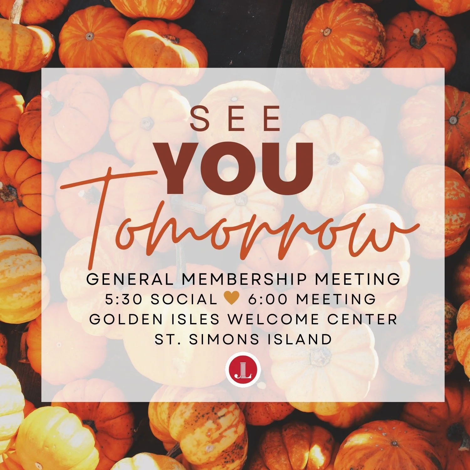 β¨ See you TOMORROW! β¨
Join us for our General Membership Meeting at the Golden Isles Welcome Center.
π  5:30 Social | π 6:00 Meeting
529 Beachview Drive, SSI
We can’t wait to gather with everyone! π