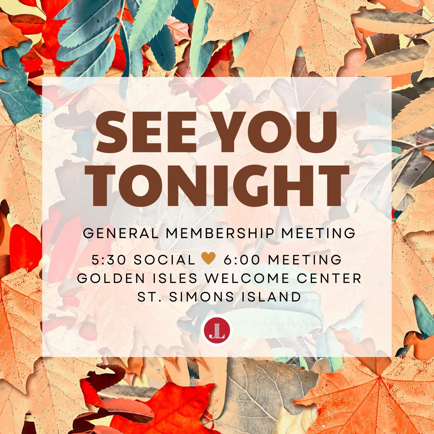 π It’s meeting night! π
We’ll see you TONIGHT at the Golden Isles Welcome Center for our General Membership Meeting.
529 Beachview Drive, SSI
π  5:30 Social | π 6:00 Meeting
Don’t miss it! π