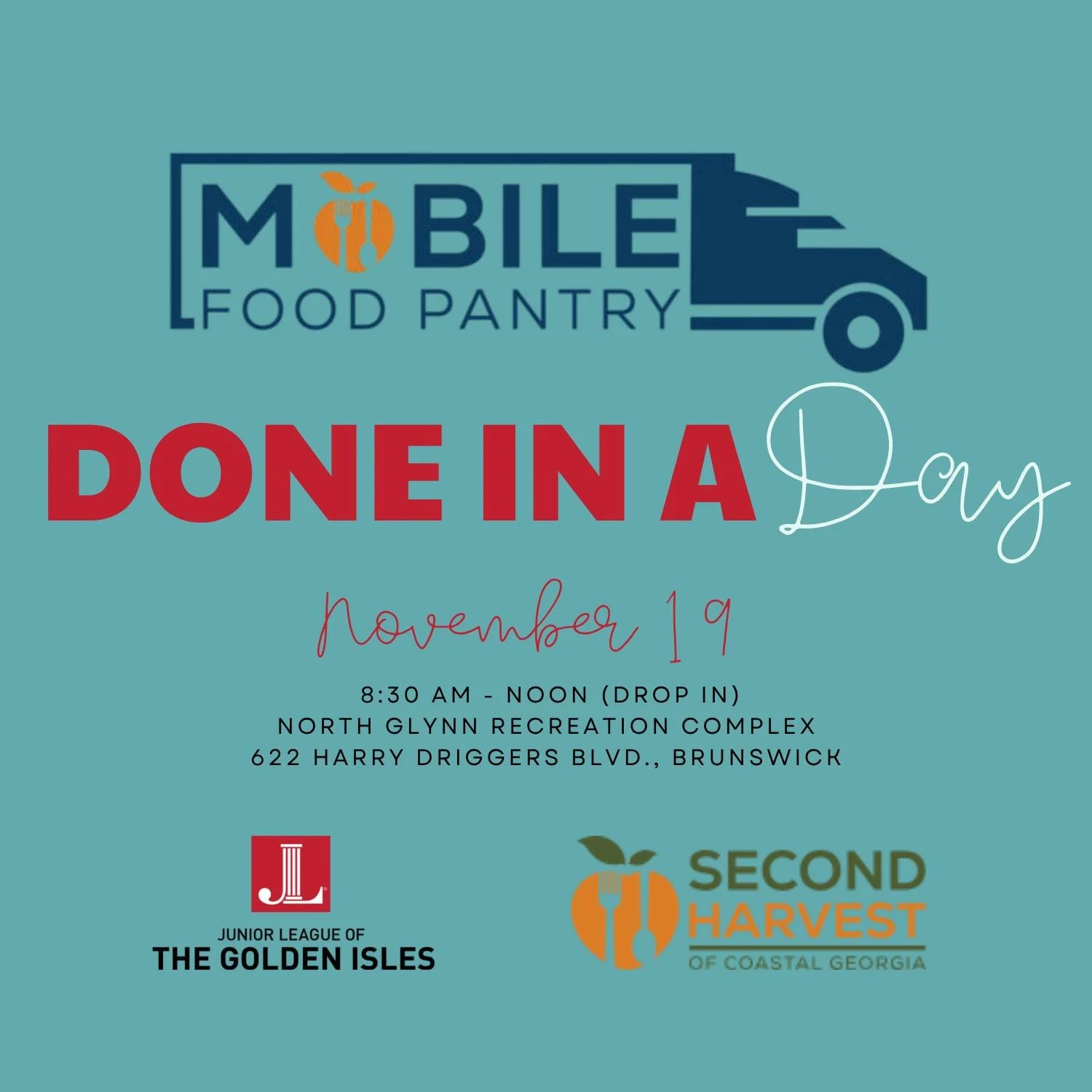 Join us for our next Done in a Day project!
We&rsquo;ll be helping at the Second Harvest Mobile Food Pantry to serve local families in need.
📍 North Glynn Recreation Complex
🕗 November 19, 2025, 8:30 AM &ndash; Noon 
JLGI Members: Please check your