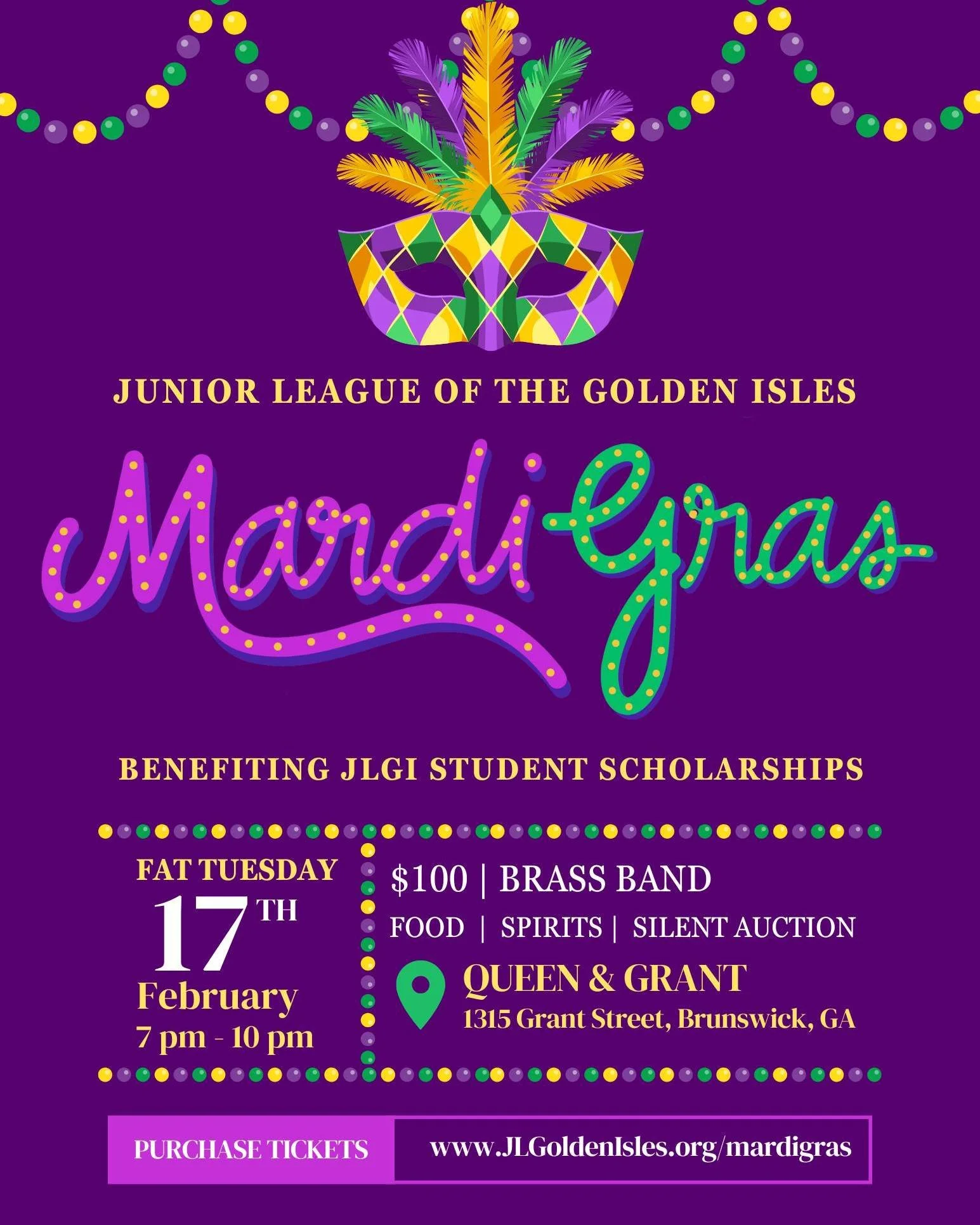 Get ready to let the good times roll! Join the Junior League of the Golden Isles for a vibrant Mardi Gras celebration on Fat Tuesday, February 17, from 7&ndash;10 PM at Queen &amp; Grant. 

Enjoy a lively @letsridebrassband, delicious food from @amov