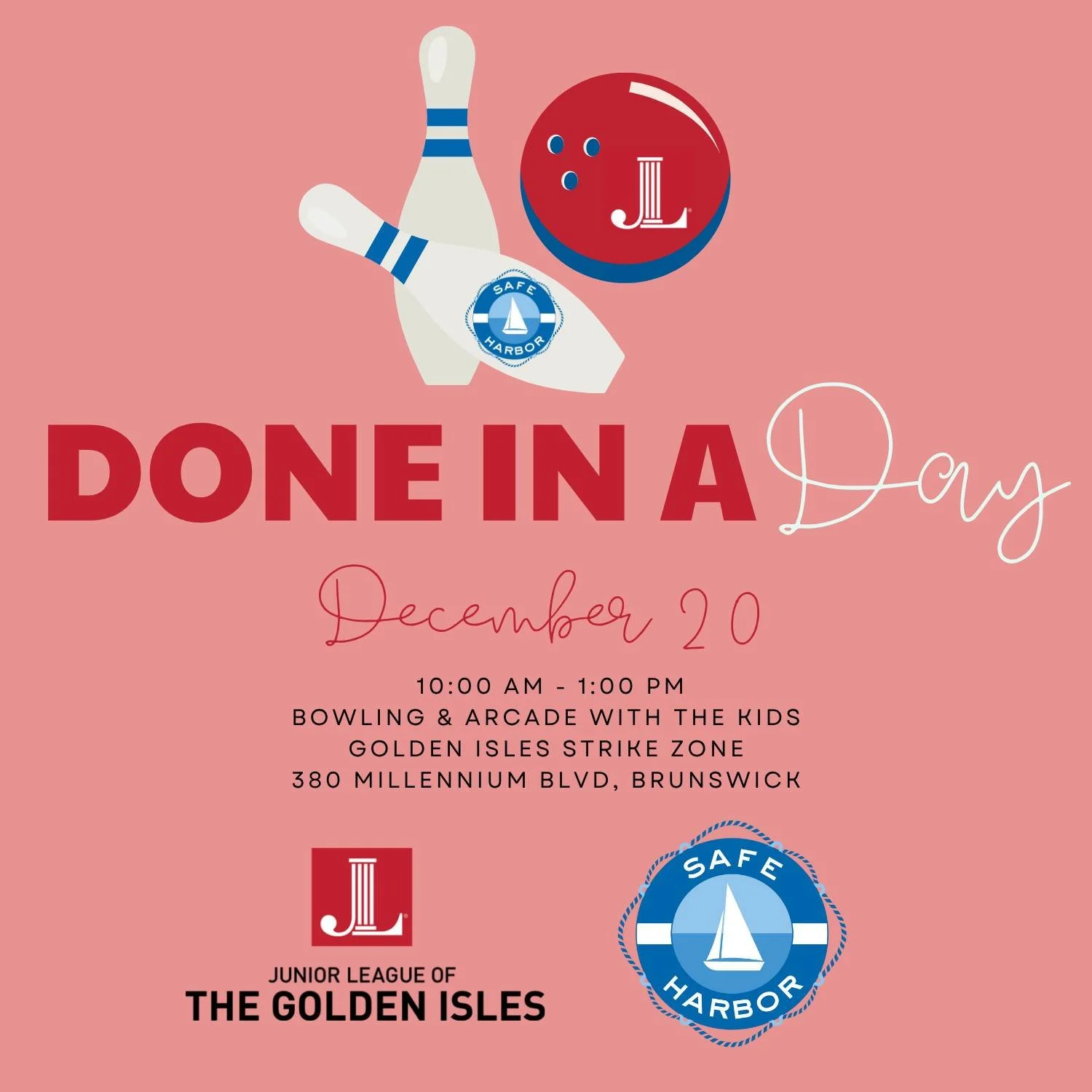 It&rsquo;s another Done in a Day!
Spend the morning bowling and having fun with the kids from Safe Harbor.
📍 Golden Isles Strike Zone
🕙 10:00 AM - 1:00 PM
JLGI Members, please check your email inbox for the sign-up link. 

A great way to spread joy