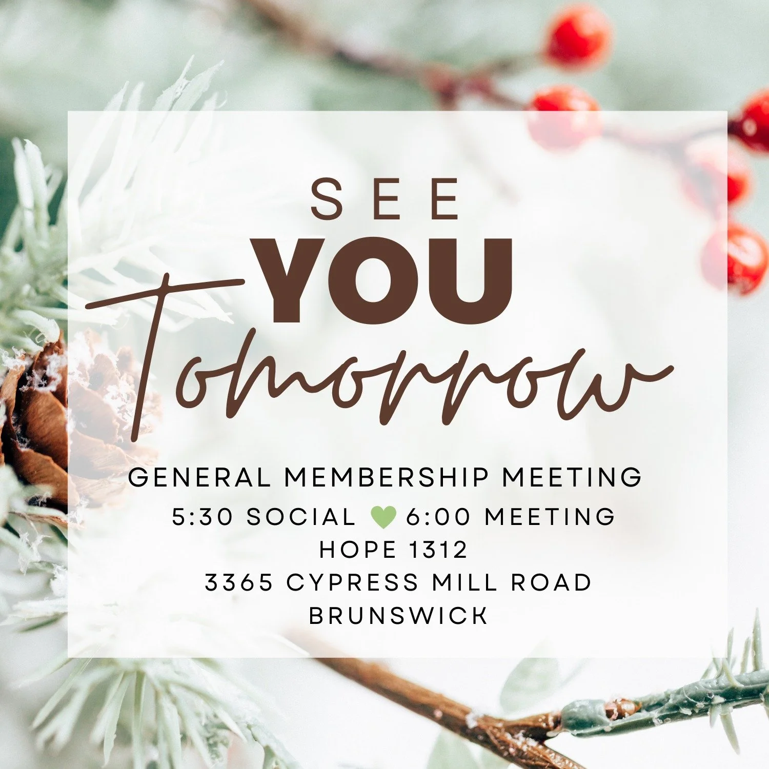 See you tomorrow! 👋
Join us for our General Membership Meeting with time to connect before we get started with our first meeting of the year! 
🕠 5:30 PM Social | 🕕 6:00 PM Meeting
📍 HOPE 1312 | Brunswick
Don't forget! Please bring a bottle of win