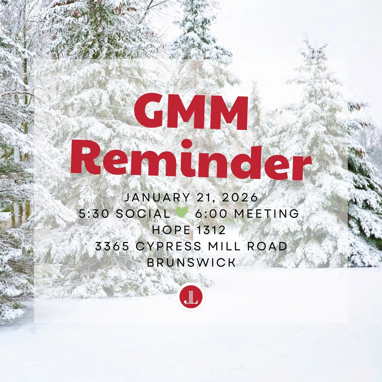Friendly reminder! 🚨
Our General Membership Meeting is January 21.
✨ 5:30 PM Social
✨ 6:00 PM Meeting
📍 HOPE 1312, Brunswick
Remember -- Please bring a bottle of wine ($25 value or more) for our Mardi Gras wine raffle. 
See you soon!