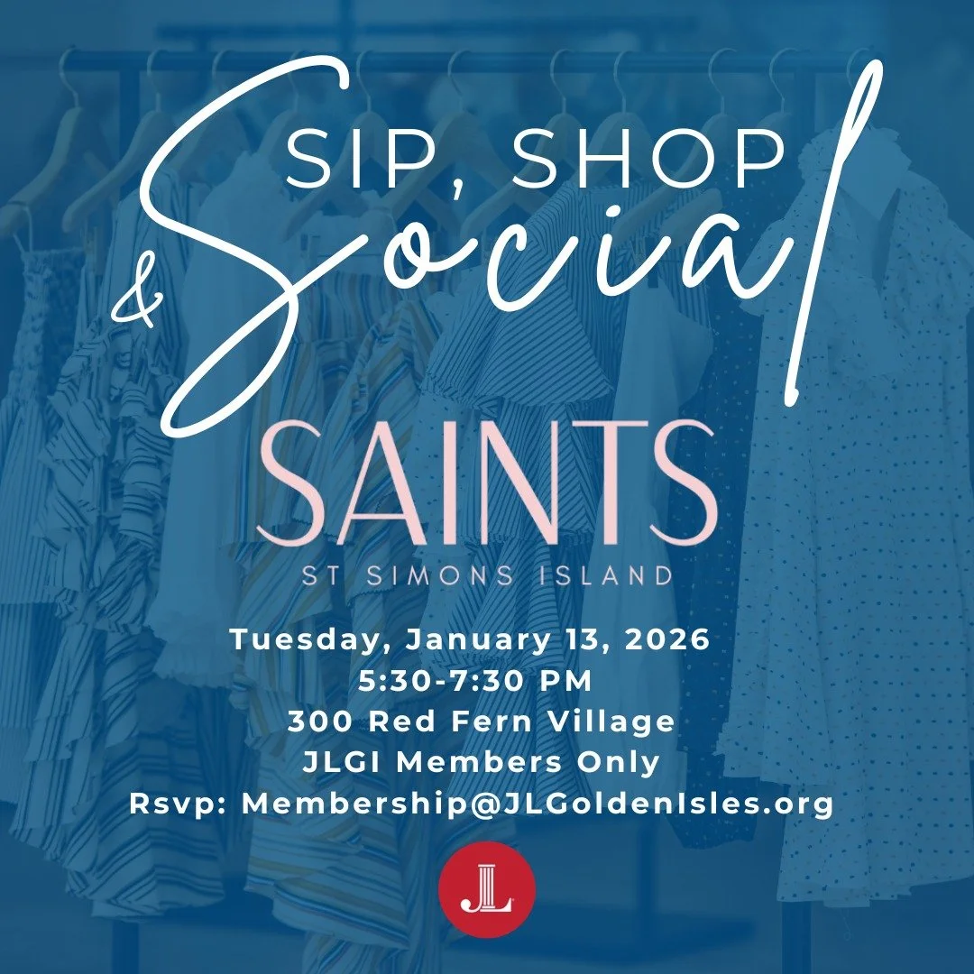Sip, shop, and social with your fellow JLGI members at SAINTS ✨
Join us for an evening of shopping, connection, and fun! 

Interested in becoming a JLGI member?
Membership@jlgoldenisles.org
Visit JLGoldenIsles.org to learn more about our mission!