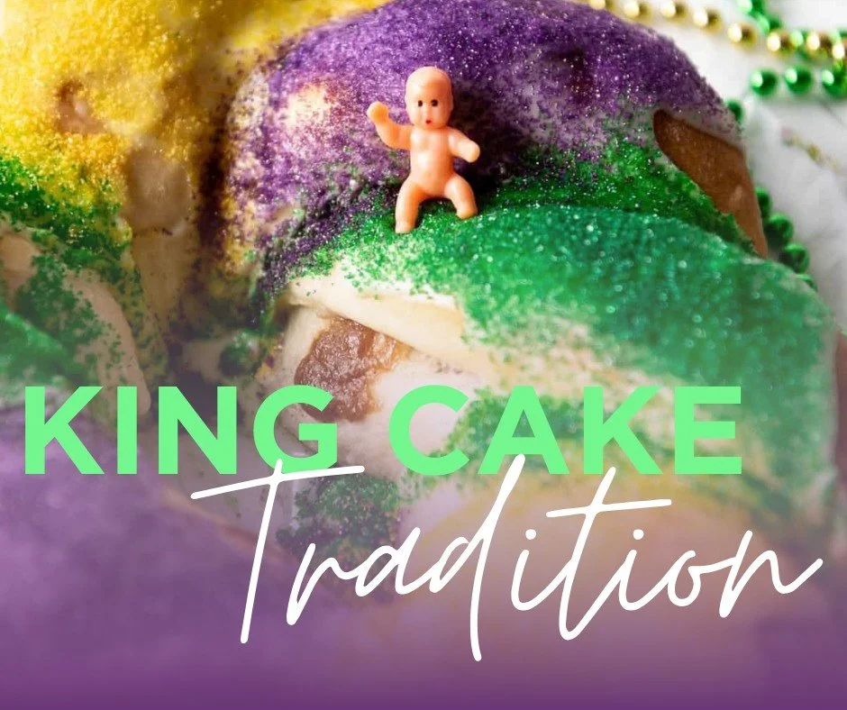 Let's talk King Cake! 👑🎂
No Mardi Gras celebration is complete without a King Cake! This colorful pastry, decorated in purple, green, and gold, is a beloved tradition dating back centuries. Hidden inside is a tiny baby figurine&mdash;and whoever fi