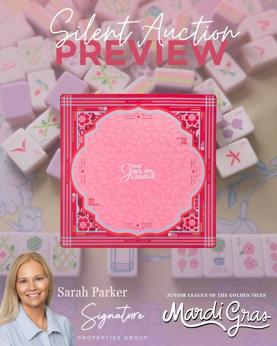 Silent Auction Sneak Peek! 🀄✨
Mahjong lovers, this one's for you! Realtor Sarah Parker of Signature Properties Group has donated an incredible Mahjong package including a Junior League x Oh My Mahjong mat and a complete mahjong tile set. Oh My Mahjo