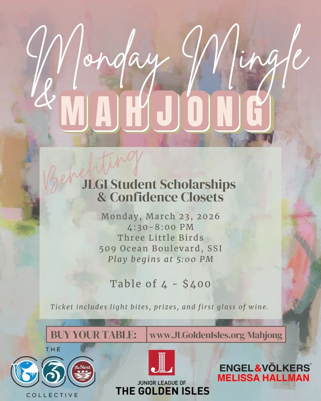 🀄 Tiles, wine, and a great cause &mdash; what more could you need?
Join us for Monday Mingle &amp; Mahjong on March 23rd from 4:30&ndash;8:00 PM at Three Little Birds on SSI! Play begins at 5:00 PM and your table of 4 is just $400, which includes li