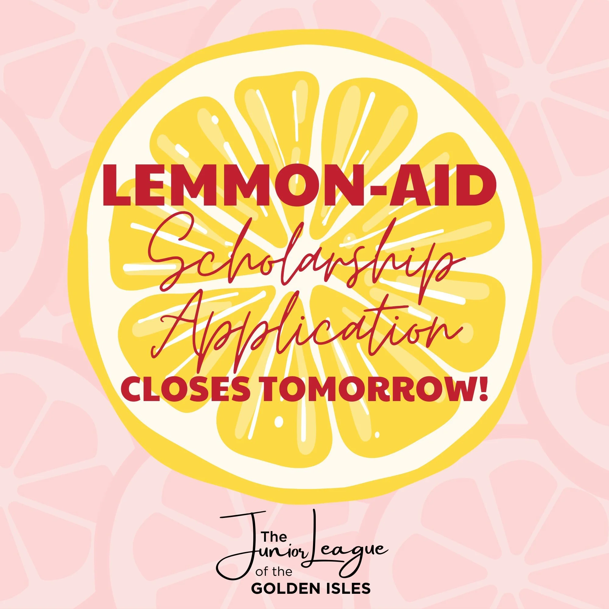 ⚠️ Last call! The Lemmon-Aid Scholarship Application CLOSES TOMORROW! 🍋

If you or someone you know is a Glynn County high school senior who has made a difference through volunteering, there is still time to apply! This scholarship celebrates outsta