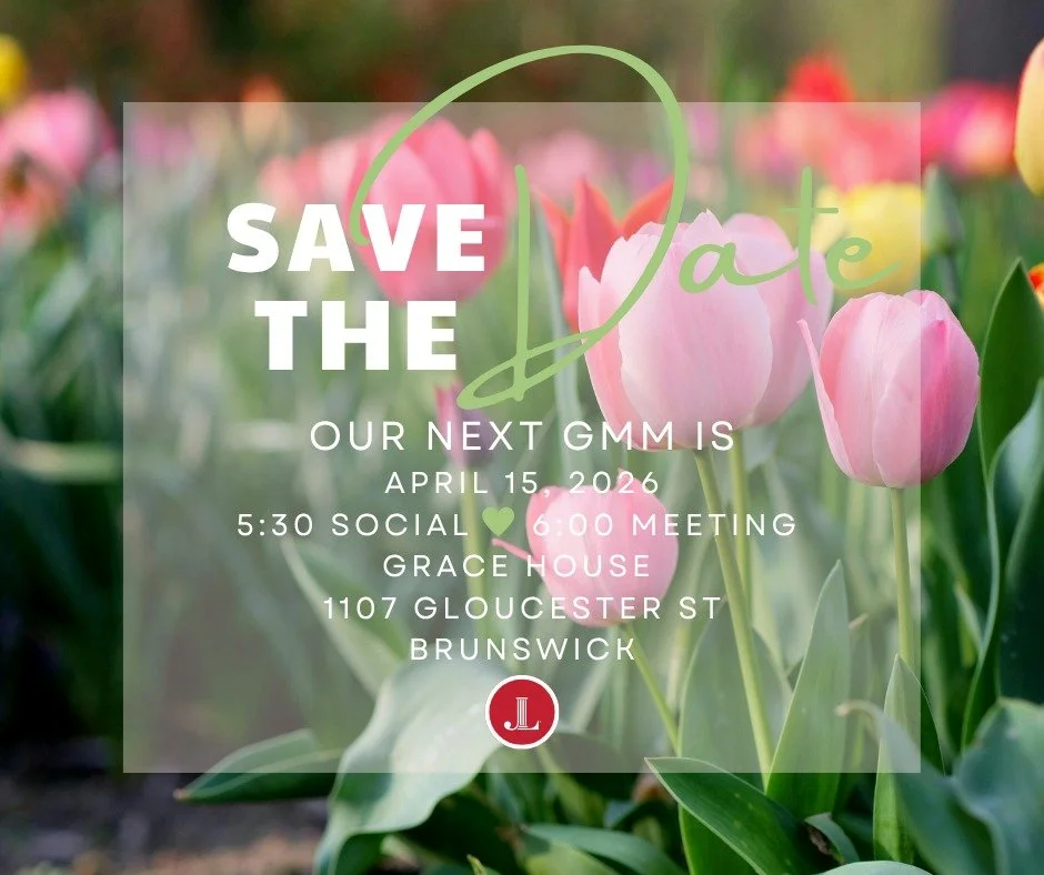 Mark your calendars, ladies! 🌷 Our next General Membership Meeting is coming up on April 15, 2026 and we'd love to see you there! Join us for social time at 5:30 before the meeting kicks off at 6:00 at Grace House, 1107 Gloucester St, Brunswick. See